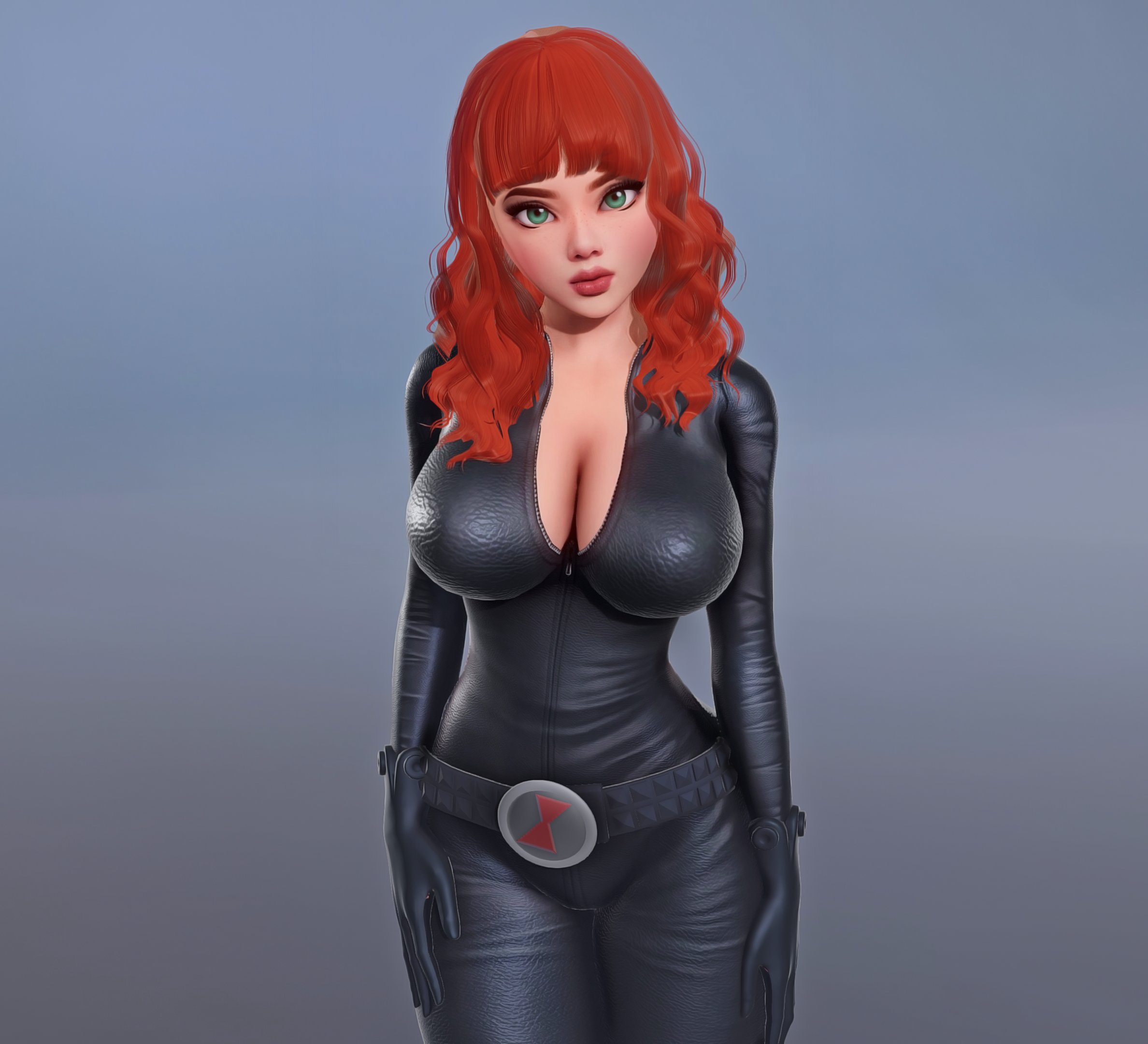 3d, big breasts, black widow (marvel), bodysuit, breasts, breasts bigger than head, busty, cleavage, female, female focus, female only, green eyes, hourglass figure, human, human only, kingocrsh, light skin, light-skinned female, long hair, marvel, marvel comics, natasha romanoff, pose, posing, red hair, solo, solo female, tagme, unzipped, unzipped bodysuit, wide hips