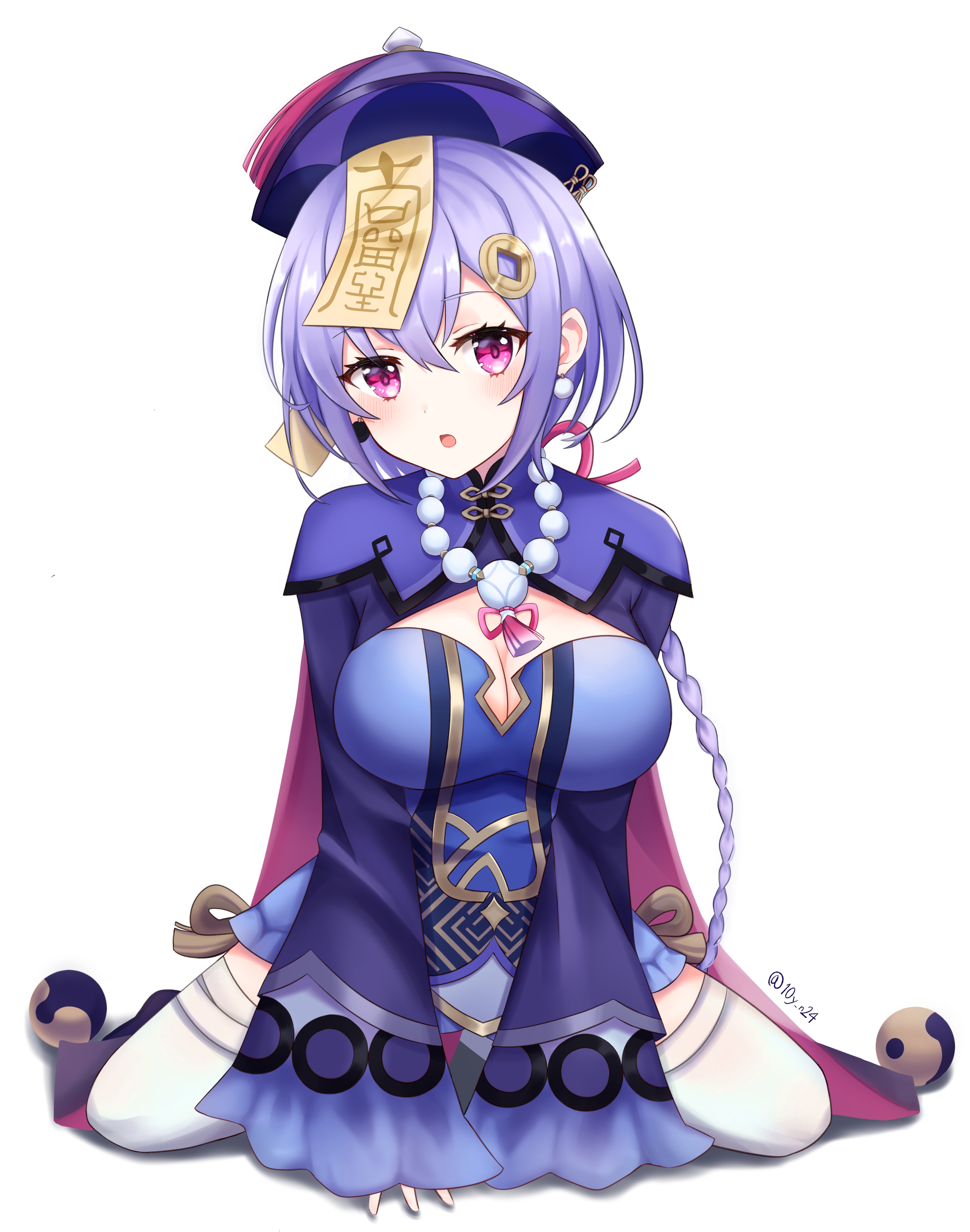 1girls, adult, aged up, alternate breast size, big breasts, biya, blush, breasts, dress, female, genshin impact, light skin, pink eyes, purple eyes, purple hair, qiqi (genshin impact), solo, talisman, thick thighs, thighs, tight clothing