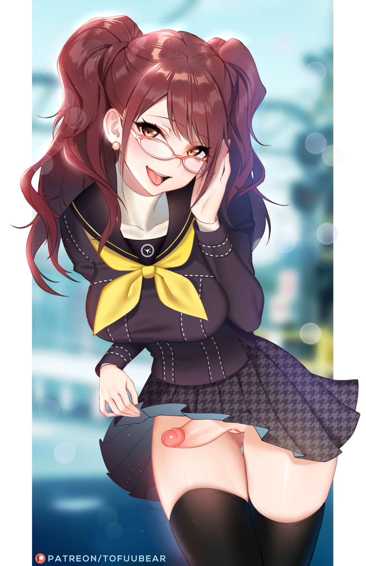 1futa, black stockings, breasts, brown hair, clothed, clothing, ear piercing, edit, female, futa only, futa sans balls, futanari, glasses, horny, human, intersex, kujikawa rise, light skin, light-skinned female, looking at viewer, looking over eyewear, looking over glasses, megami tensei, mostly clothed, open mouth, orange eyes, pale skin, pale-skinned female, penis, penis under skirt, persona, persona 4, school uniform, skirt, skirt lift, smile, solo, standing, stockings, thighhighs, tofuubear, tongue, twintails, upskirt