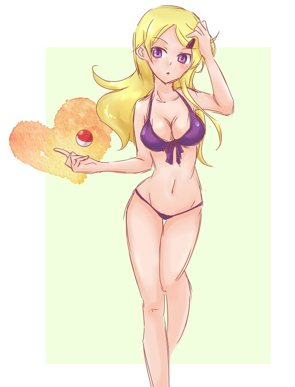 10s 1girls :o ace_trainer_(pokemon) ace_trainer_(pokemon_xy) astrid_(pokemon) bikini blonde_hair breasts cleavage collarbone creatures_(company) female female_only front-tie_top game_freak hair_ornament hairclip heart long_hair navel nintendo npc_trainer open_mouth poke_ball pokemon pokemon_(game) pokemon_xy purple_eyes solo swimsuit