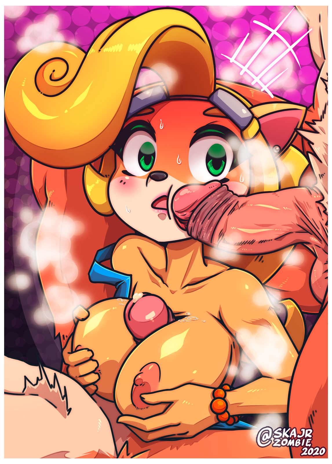 1girls, 2boys, activision, alternate breast size, anthro, bandicoot, between breasts, big breasts, blonde hair, blush, bracelet, breasts, coco bandicoot, crash (series), crash bandicoot, crash bandicoot 4: it's about time, dead eyes, ear piercing, earring, female, furry ears, green eyes, green eyeshadow, happy, incest, large breasts, lipstick, looking at viewer, makeup, male, marsupial, mind break, naughty dog, nipples, paizuri, penis, penis between breasts, precum, skajrzombie, straight