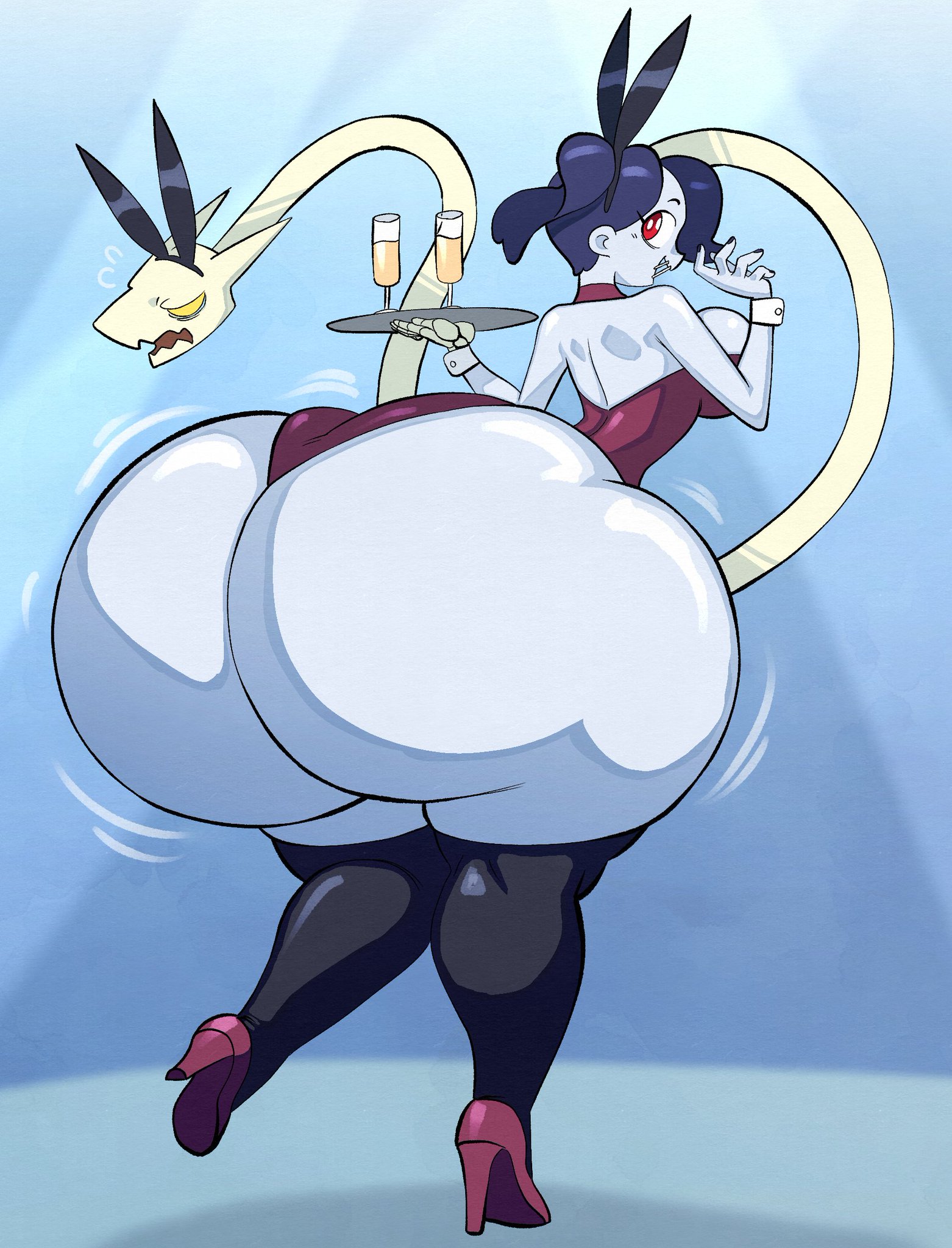 1girls, alternate breast size, angstrom, ass, big ass, bottom heavy, breasts, bunny ears, bunnysuit, champagne, female, from behind, gigantic ass, huge ass, huge breasts, hyper, hyper ass, leviathan (skullgirls), skullgirls, smiling, solo, squigly, waitress