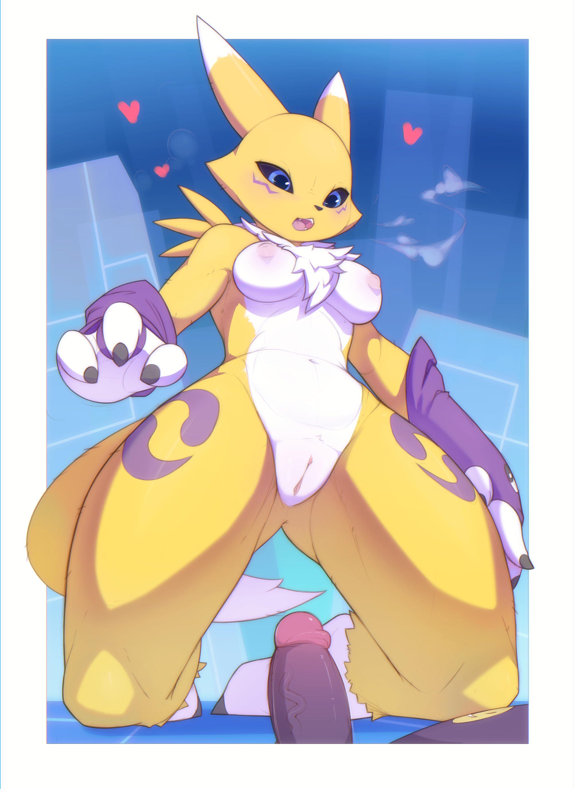 1boy, 1girls, 3 fingers, anthro, armwear, ass visible through thighs, bandai namco, black nose, black sclera, blue eyes, breasts, canid, canine, canis, chest tuft, claws, dark skin, dark-skinned male, detached sleeves, digimon, digimon (species), duo, erection, faceless male, female, female focus, fox, fur, furry, heart, hi res, highres, imminent sex, imp, impmon, kekitopu, kneeling, larger female, looking at penis, male, markings, medium breasts, neck tuft, nipples, on knees, open mouth, penis, purple armwear, purple body, pussy, renamon, size difference, smaller male, tail, thick thighs, thighs, tuft, veiny penis, vixen, white body, white border, white fur, yellow body, yellow fur