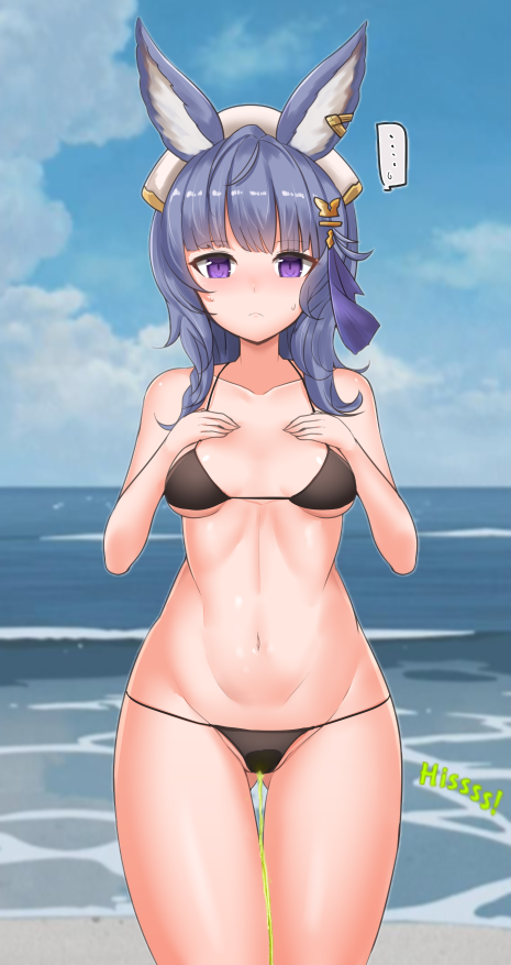 ... animal_ears bangs bare_arms bare_shoulders bikini black_bikini blue_hair blush breasts closed_mouth collarbone erune eyebrows_visible_through_hair female gluteal_fold granblue_fantasy grey_background groin hands_up long_hair looking_at_viewer medium_breasts navel peeing peeing peeing_self purple_eyes rumiya9i solo spoken_ellipsis standing sweat swimsuit thigh_gap tikoh urine watersports wetting