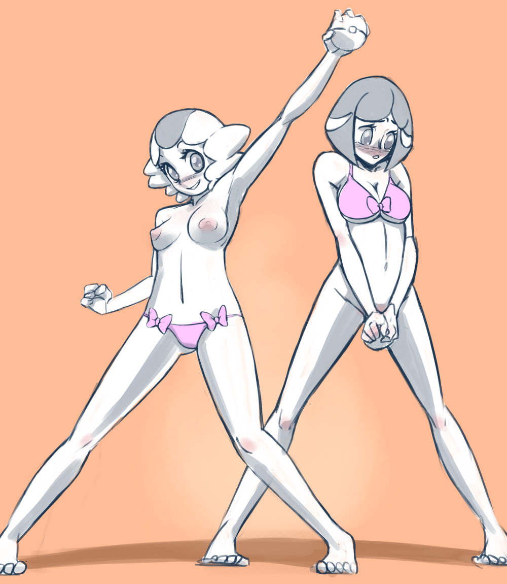 2girls battle_chatelaine bikini bikini_bottom bikini_top blush bottomless bottomless_female breasts embarrassed evelyn_(pokemon) female flynn_(artist) lanuit_(pokemon) monochrome multiple_females multiple_girls nintendo nipples nita_(pokemon) pokemon pokemon_xy short_hair standing topless topless_female