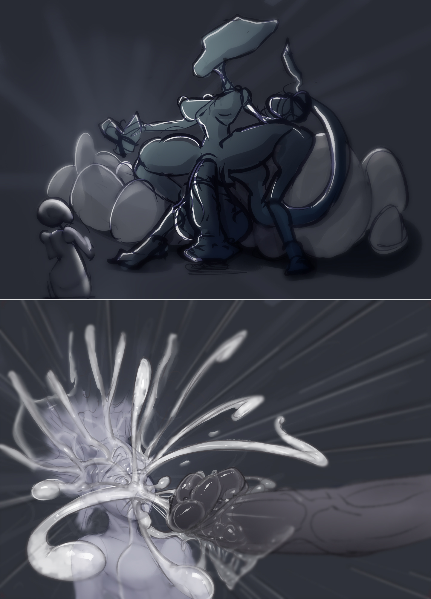 1boy, 1futa, 2koma, alien, alien (franchise), areolae, balls, big breasts, big penis, breasts, completely nude, cum, cum explosion, cum on face, ejaculation, erection, excessive cum, flaccid, futa focus, futa on male, futanari, huge balls, huge cock, human, humanoid, intersex, larger futa, male, monochrome, monster cock, nipples, nomad reverse, nude, nude futa, penis, sketch, squatting, xenomorph, xenomorph egg, xenomorph queen