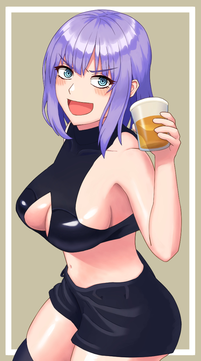 blue eyes, breasts, dagashi kashi, female, female focus, female only, higashi029, looking at viewer, open mouth, purple hair, shidare hotaru, short hair, solo female, thighs