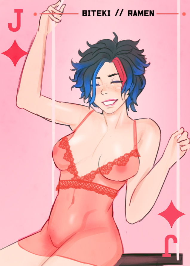 1girls biteki_ramen breasts breasts_visible_through_clothing closed_eyes female female_only fortune_(subverse) freckles happy lingerie lipstick medium_hair nipples nipples_visible_through_clothing playing_card red_highlights red_lipstick short_hair smile smiling subverse two_tone_hair