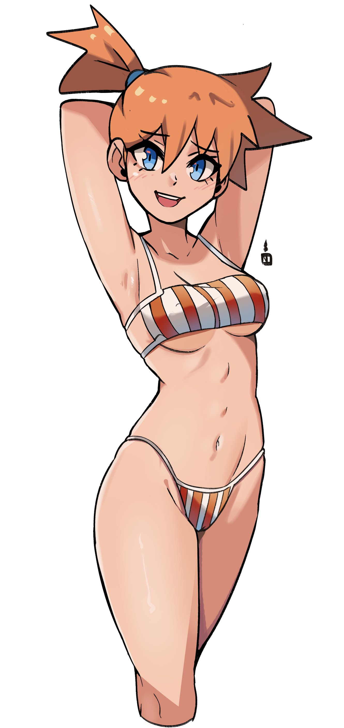1girls, armpits, arms up, bikini, blue eyes, blush, breasts, female, female only, kasumi (pokemon), misty (pokemon), navel, orange hair, pokemon, pokemon rgby, red hair, solo