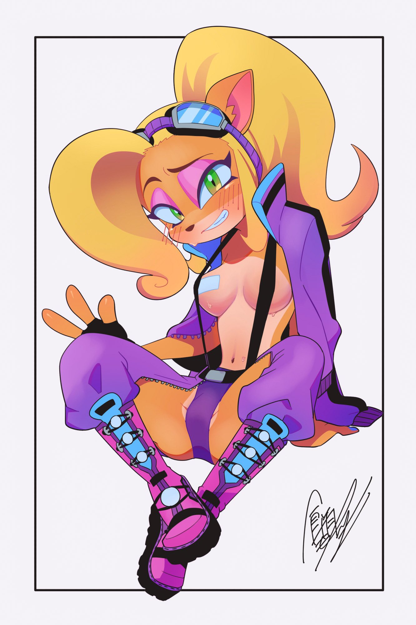 1girls, blush, breasts, coco bandicoot, crash (series), crotch, embarrassed, female, revealing clothes, solo, sweat, taped nipples