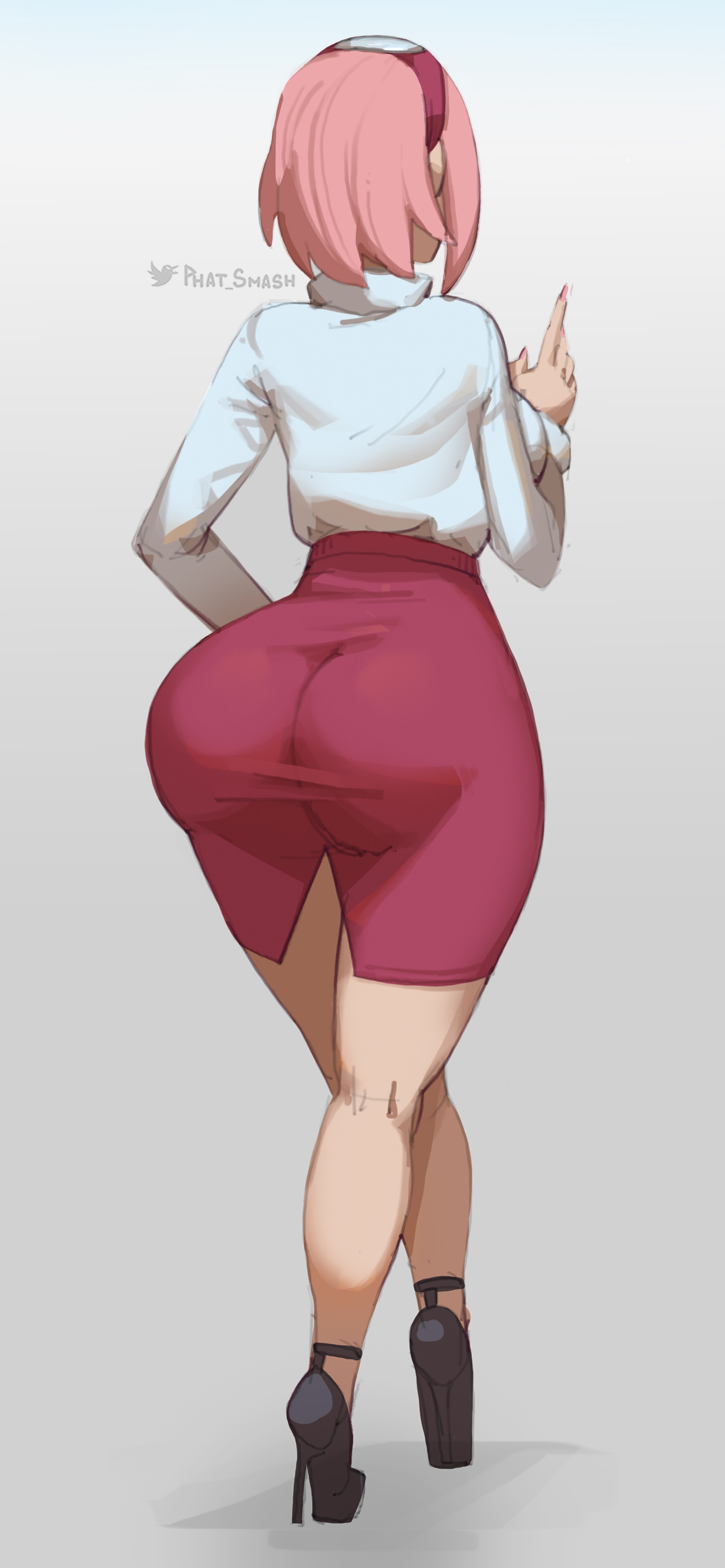 1girls, ass, ass in dress, boruto: naruto next generations, breasts, cleavage, clothing, female, footwear, forehead protector, from behind, hairband, high heels, high resolution, huge ass, large breasts, milf, naruto, naruto (series), phat smash, pink hair, platform footwear, platform heels, sakura haruno, shoes, short hair, skirt, teacher, thick thighs, thighs, very high resolution, wide hips