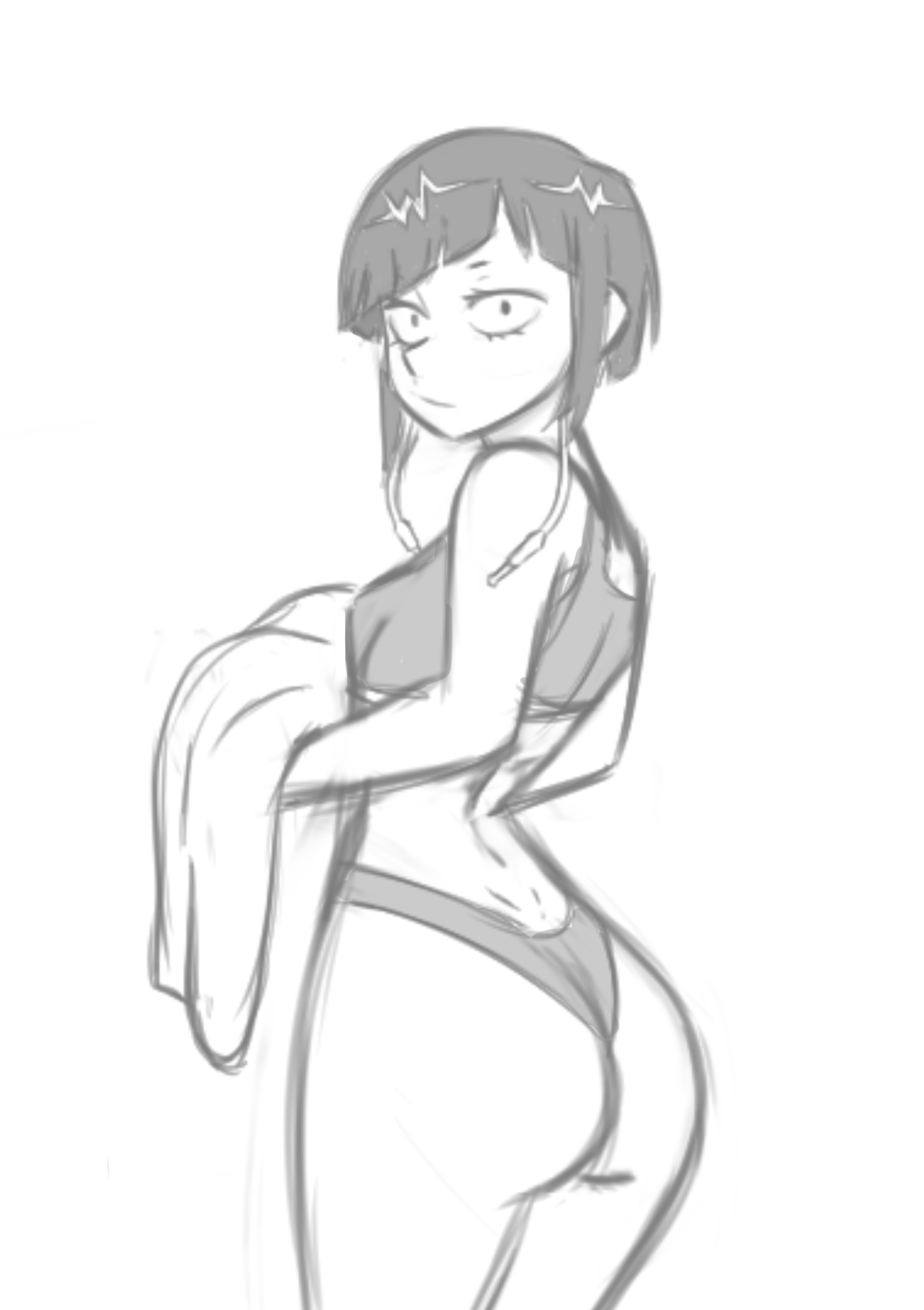 ass, athletic, athletic female, breasts, dark hair, female, female focus, female only, klassyarts (artist), kyoka jiro, line art, my hero academia, short hair, sideboob, sketch, small breasts, sports bra, standing, thong, underwear