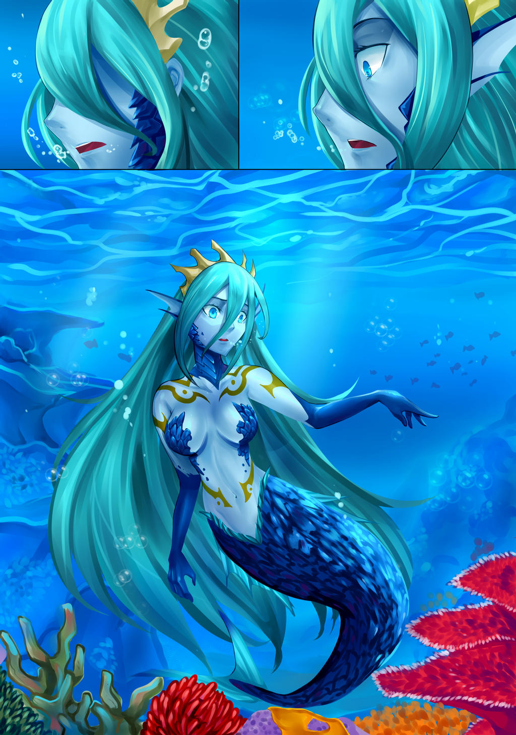 blue_skin breast_expansion gender_transformation ibenz009 large_breasts mermaid mtf_transformation scales species_transformation tiara transformation