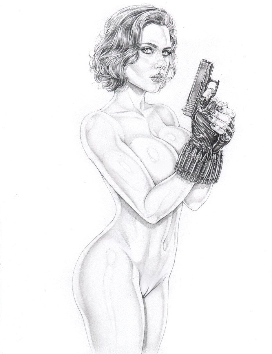 1girls action_pose areolae armando_huerta ass athletic athletic_female avengers belt big_breasts black_widow_(marvel) breasts bubble_butt busty celebrity curly_hair female female_focus female_only fingerless_gloves greyscale gun hourglass_figure human human_only light-skinned_female light_skin lipstick long_fingernails makeup marvel marvel_cinematic_universe monochrome nail_polish natasha_romanoff nipples nude nude_female nudity pinup pinup_pose pistol pose posing red_hair scarlett_johansson short_hair sideboob solo solo_female standing tagme weapon wide_hips