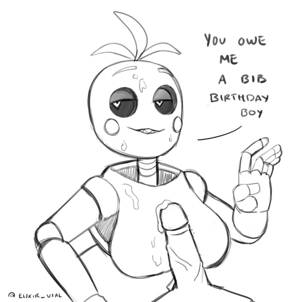 animatronic, anthro, black and white, boobjob, breasts, chicken, cum, cum on breasts, cum on face, elixir vial, female, five nights at freddy's, five nights at freddy's 2, heart eyes, heart-shaped pupils, human, looking at viewer, lovetaste chica, paizuri, sex, straight, text, titjob, toy chica (fnaf), toy chica (love taste)