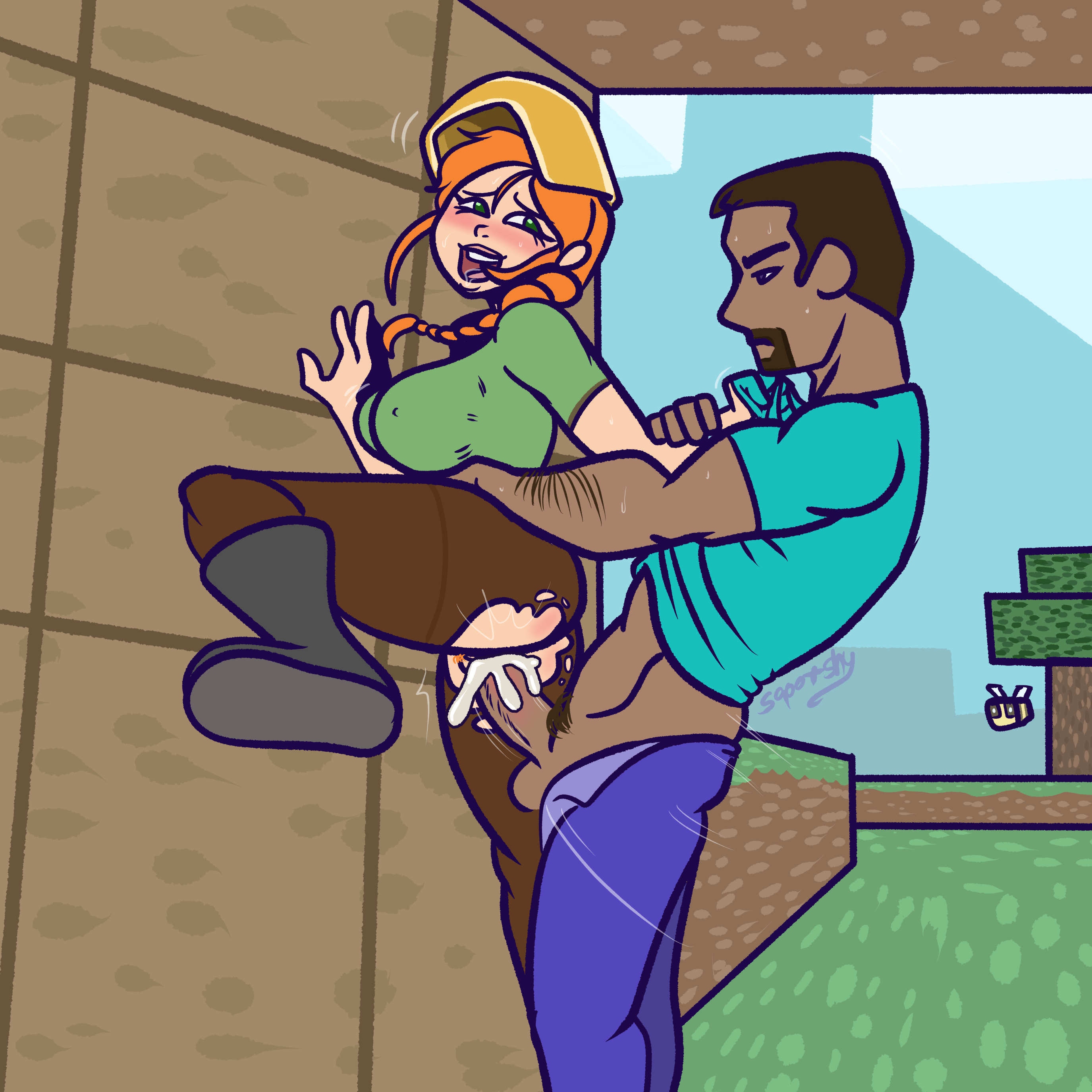 1boy, 1girls, alex (minecraft), clothed, cum, cum in pussy, female, green eyes, male, minecraft, orange hair, penetration, pussy, ripped clothing, sqootshy, steve (minecraft), straight, vanilla