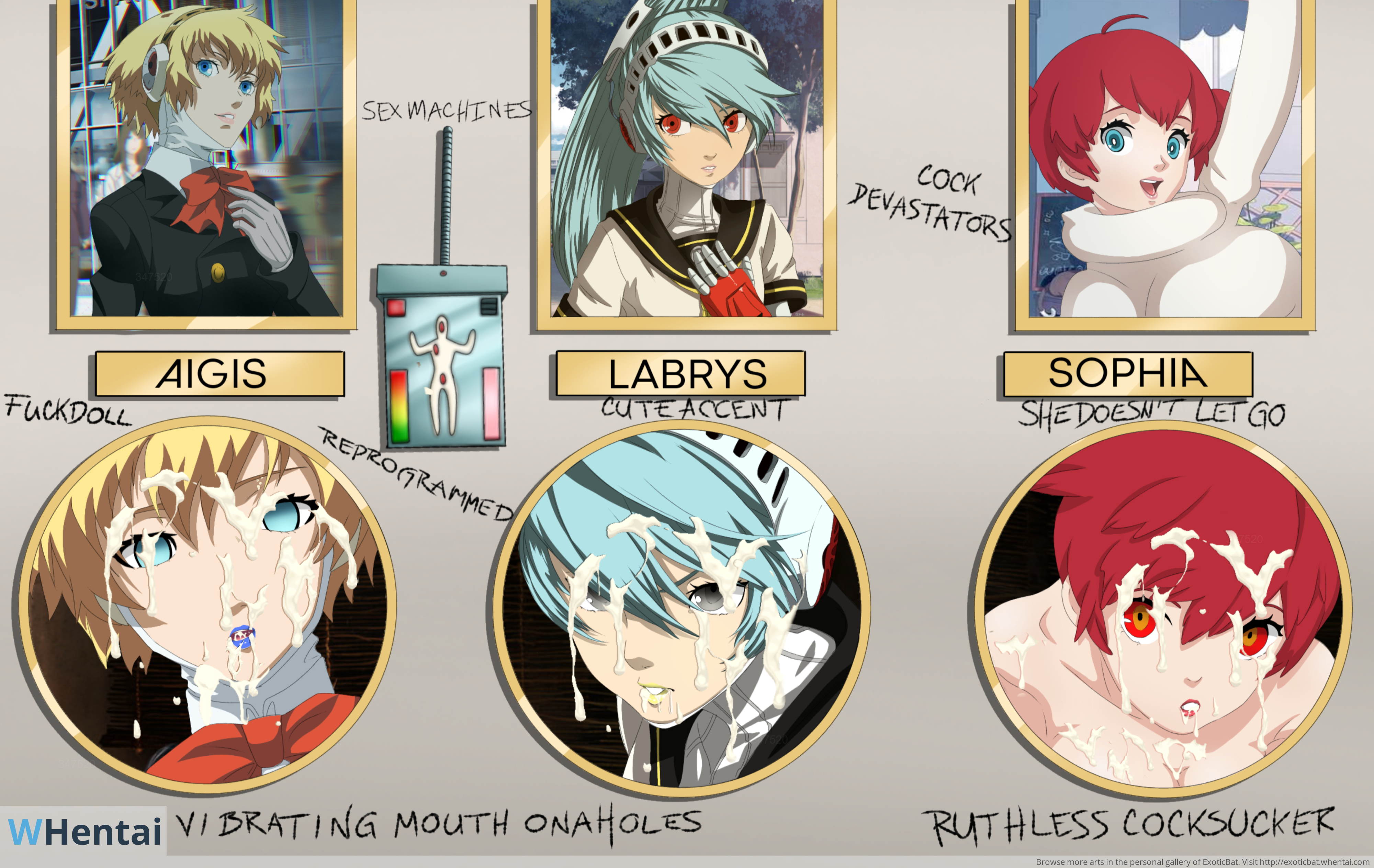 3girls, aegis (persona), aigis (persona), atlus, blonde hair, blue eyes, blue hair, english text, female, female focus, female only, glory hole, labrys, megami tensei, mind control, multiple females, multiple girls, persona, persona 3, persona 4 arena, persona 5, persona 5 scramble: the phantom strikers, red eyes, red hair, robot, robot girl, sophia (persona 5), text, whentai