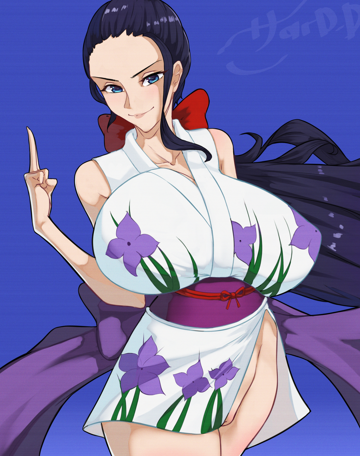 1girls, 47 hard, black hair, blue background, blue eyes, breasts, clothed female, clothing, female, female only, japanese clothes, kimono, large breasts, nico robin, no panties, one piece, orobi, post-timeskip, purple sash, pussy, solo, solo female, wano country