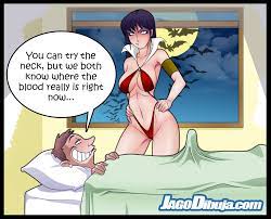 1boy annoyed bats bed dynamite_comics erection fangs female jago_dibuja lowres male night sling_bikini vampirella vampirella_(character)