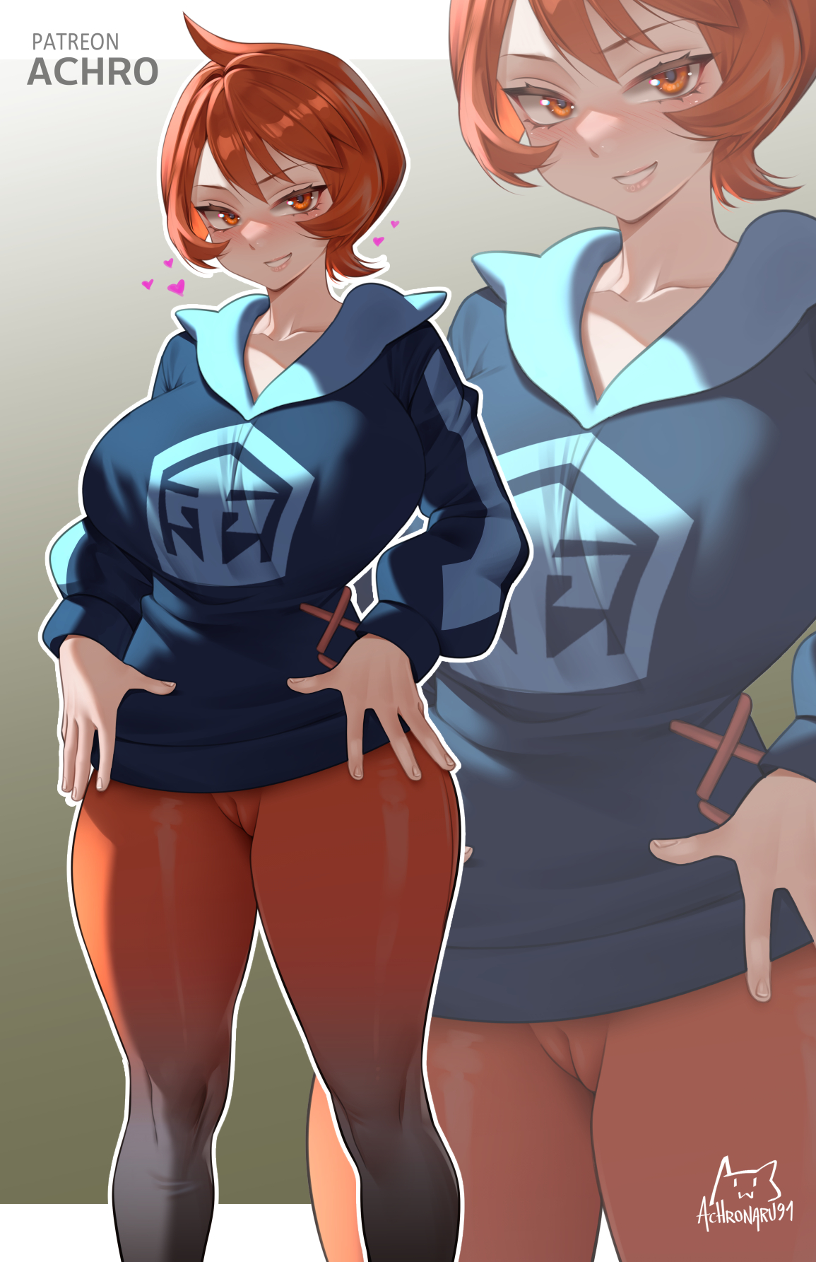 1girls, achromaru, arezu (pokemon), artist logo, black pantyhose, blue hoodie, breasts, cameltoe, cowlick, diamond clan outfit, female, female only, game freak, gradient legwear, gradient pantyhose, highres, hood, hoodie, large breasts, logo, looking at viewer, nintendo, pantyhose, patreon username, pokemon, pokemon legends: arceus, pussy, red eyes, red hair, red pantyhose, short hair, smile, solo, two-tone pantyhose, zoom layer