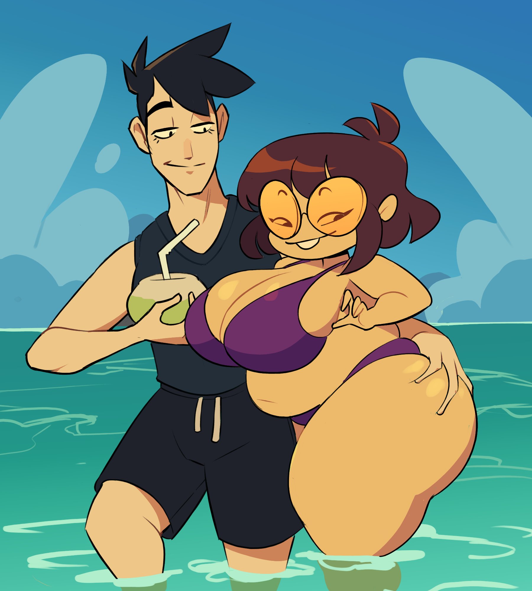 2girls, ass, beach, beach day, big ass, big boobs, big breasts, big butt, bikini, black hair, boobs, boss (thelittlenerdys), breasts, brown hair, buckteeth, butch, canon couple, clothed, clothing, coconut, elwilsjeje, fat ass, female, fully clothed, glasses, hand on ass, hand on butt, huge ass, huge boobs, huge breasts, huge butt, humming, lesbian, luna (thelittlenerdys), nerd, nerdy, nerdy female, ocean, orange glasses, relax, relaxed expression, relaxing, short hair, shorts, shortstack, sky, slightly chubby female, swimsuit, teeth, teeth showing, teeth visible, thick thighs, tomboy, touching ass, twitter user sona, umbrella, welsdumps, wife and wife, yuri