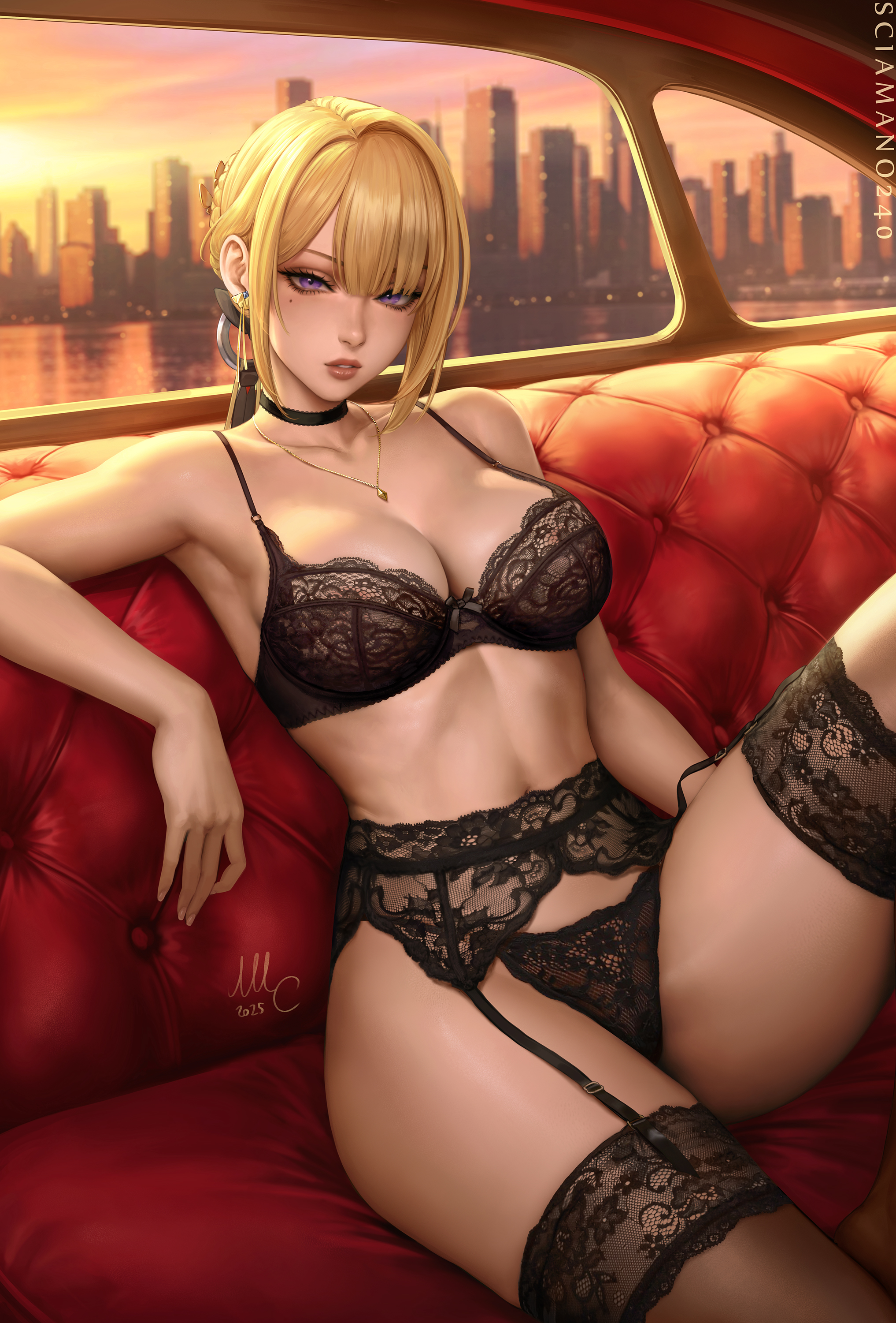 1girls, absurd res, absurdres, blonde hair, bra, breasts, city, cityscape, evelyn chevalier, female, female only, garter belt, garter straps, hi res, highres, looking at viewer, mihoyo, mole, mole under eye, navel, necklace, panties, purple eyes, sciamano240, sitting, sky, solo, solo female, spread legs, spreading, stockings, stomach, thighs, underwear, zenless zone zero