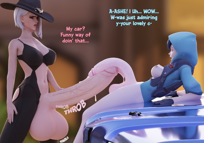 2futas 3d areolae ashe_(overwatch) balls big_penis breasts car chainsmoker clothed clothing dialogue duo elizabeth_caledonia_ashe english english_text erection flaccid functionally_nude futa_only futadom futanari futasub graffiti_tracer hood huge_balls huge_cock human hyper hyper_balls hyper_penis jacket lena_oxton light-skinned_futanari light_skin navel nipples overwatch overwatch_2 pale_skin partially_clothed penis penis_size_difference penises_touching precum sequence text tracer