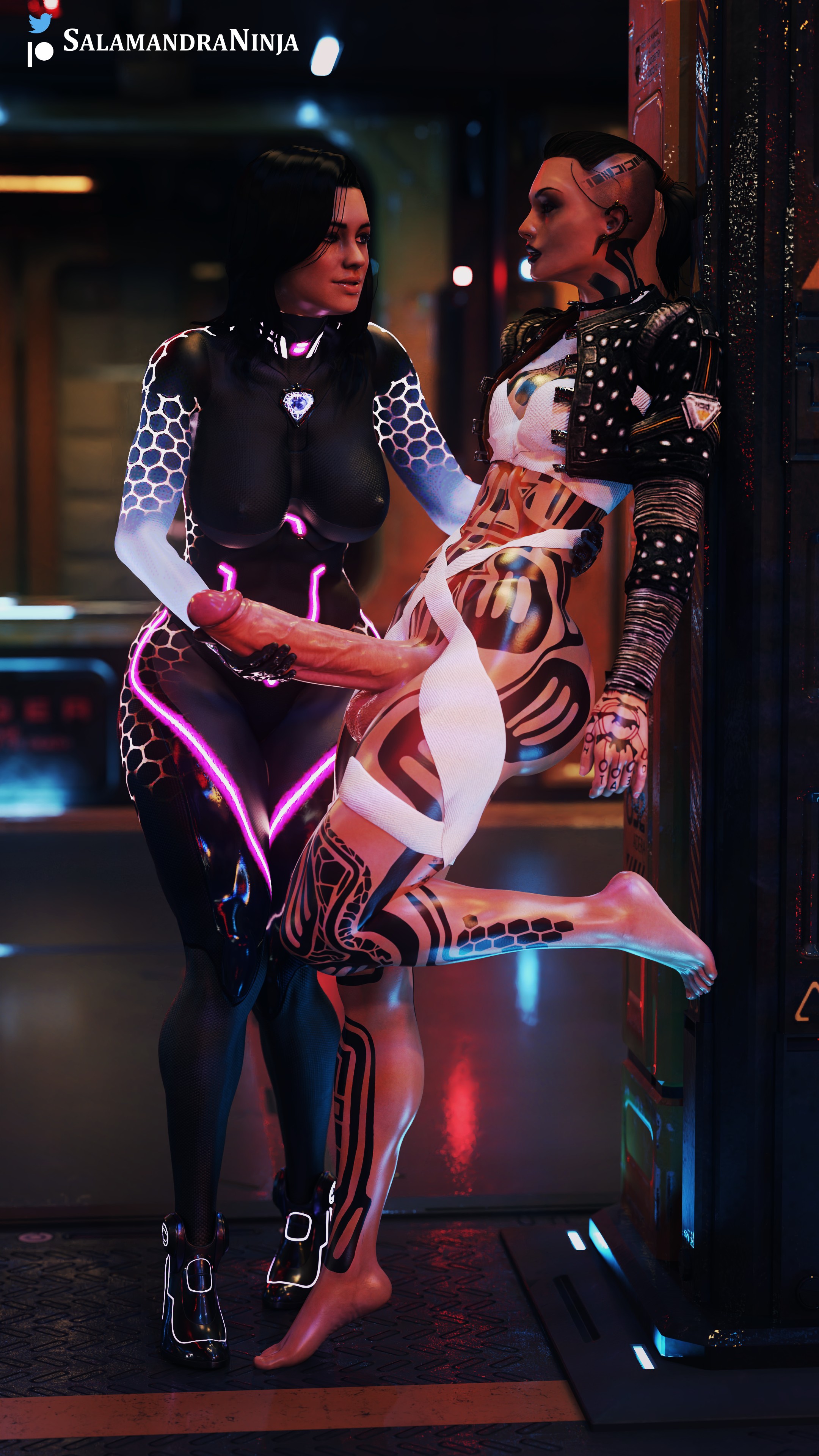 1futa, 1girls, 3d, balls, big breasts, big penis, breasts, clothed, clothing, duo, erection, feet, female, fully clothed, futa on female, futanari, handjob, huge cock, human, intersex, jack (mass effect), leaning against wall, light skin, light-skinned female, light-skinned futa, mass effect, miranda lawson, mostly nude, pale skin, penis, salamandraninja, short hair, standing
