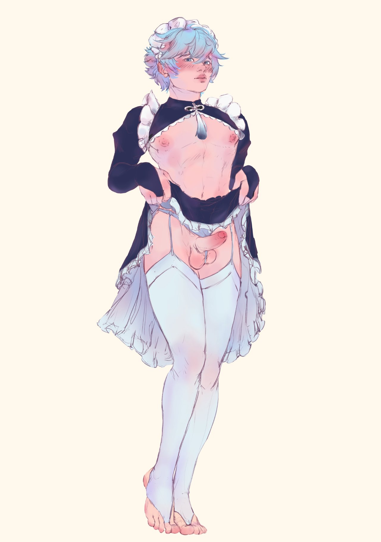 1boy, 2022, apron lift, blush, chongyun (genshin impact), erect penis, erection, femboy, feminine male, foreskin, gay, genshin impact, girly, irisart nsfw, lifting, lifting skirt, maid, maid headdress, maid outfit, maid uniform, male, outfit, presenting, presenting penis, shy, skirt lift, skirt up, solo, solo male, standing, stockings, tiptoes, trap