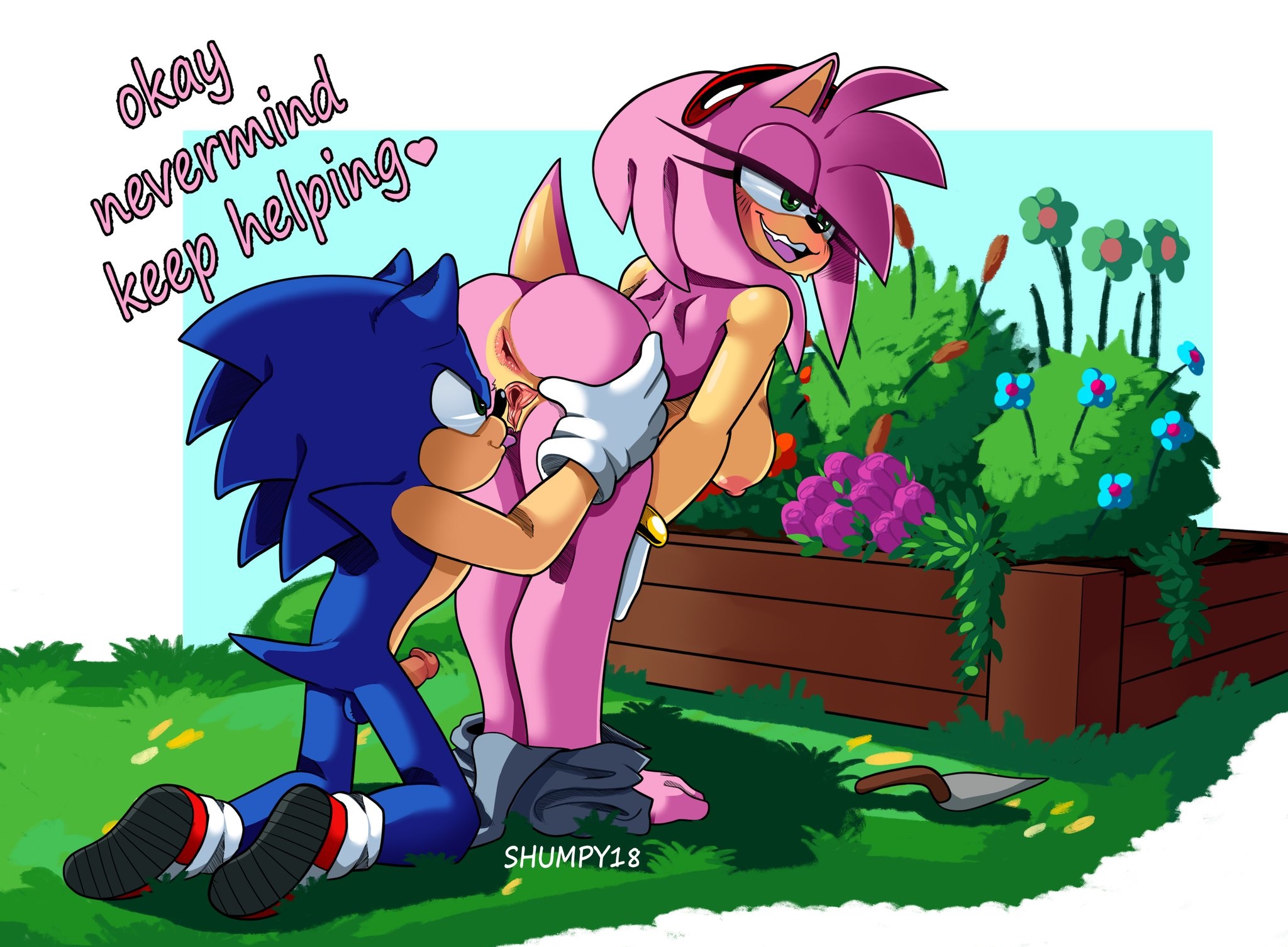 abstract background, amy rose, anthro, balls, barefoot, bent over, big breasts, blush, breasts, clothing, cunnilingus, duo, english text, erection, eulipotyphlan, feet, female, flower, fur, genitals, gloves, grass, green eyes, handwear, hanging breasts, hedgehog, hi res, kneeling, male, male/female, mammal, oral, penis, pink body, pink fur, plant, pussy, sega, sex, shumpy, signature, sonic (series), sonic the hedgehog, sonic the hedgehog (series), spread vulva, spreading, tail, text, toes, vaginal penetration, vulva