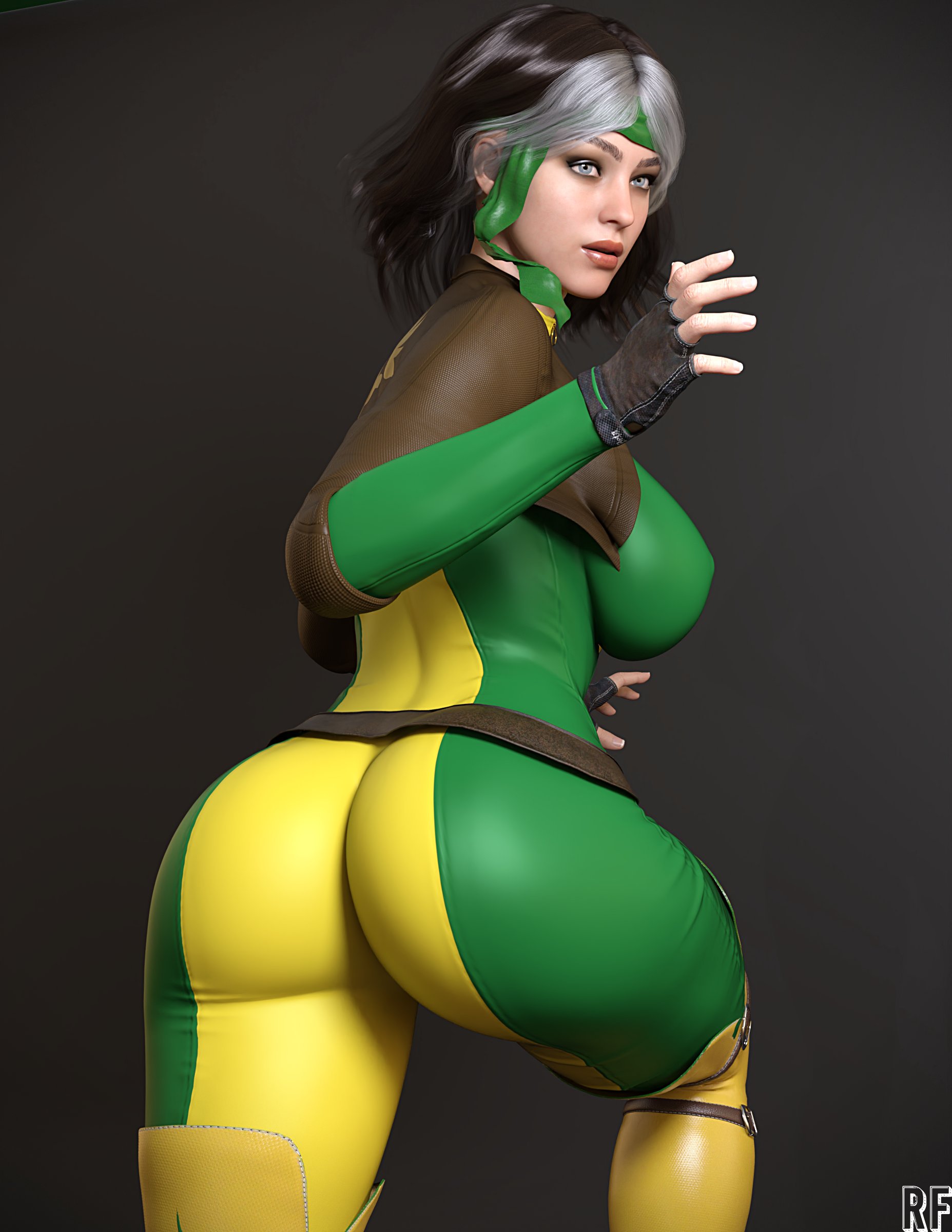 1girls, 3d, ass, back view, belt, big ass, blue eyes, bodysuit, breasts, brown hair, clothed, erect nipples, female, female only, fingerless gloves, gloves, headband, large breasts, long hair, looking back, marvel, marvel comics, nipples, nipples visible through clothing, rogue (x-men), rude frog, sideboob, skin tight, solo, superheroine, thick, thick eyebrows, thick lips, thick thighs, two-tone hair, white hair, x-men