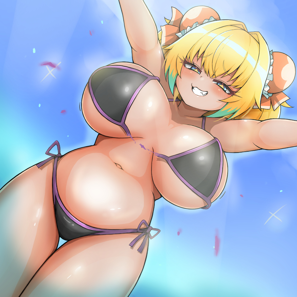 bikini black_bikini blonde_hair blue_eyes blush breasts colored_tips eyebrows_hidden_by_hair female hair_intakes large_breasts looking_at_viewer mahjong_fight_girl medium_hair multicolored_hair naughty_face navel oerba_yun_fang open_mouth pine_(bombergirl) smile solo squinting stomach swimsuit tan teeth user_kruv4844 wardrobe_malfunction
