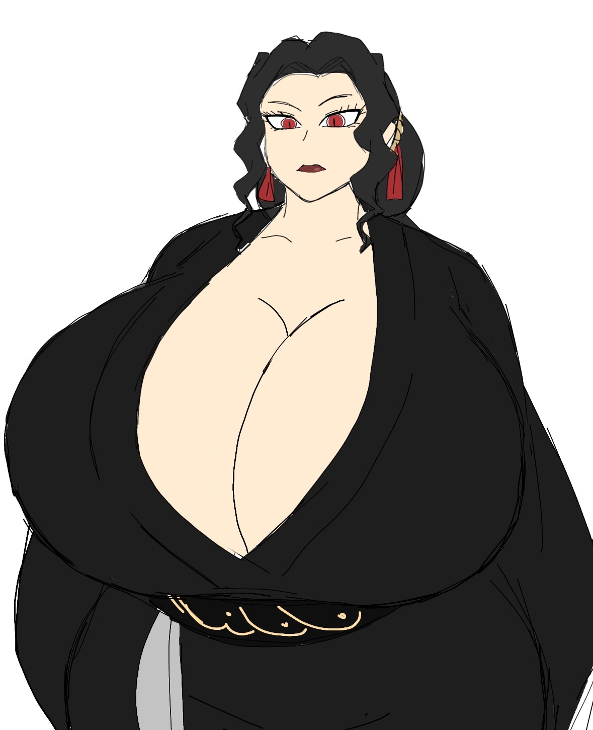 1girls, alternate body type, alternate breast size, big breasts, black hair, black robe, black-haired female, breasts, breasts bigger than head, demon, demon girl, demon slayer, enormous breasts, female, female focus, female muzan, female only, japanese, japanese clothes, japanese clothing, japanese female, kimetsu no yaiba, large breasts, light skin, light-skinned female, momiji (artist), muzan kibutsuji, red eyes, red lips, robe, rule 63, solo, solo female, solo focus, white background
