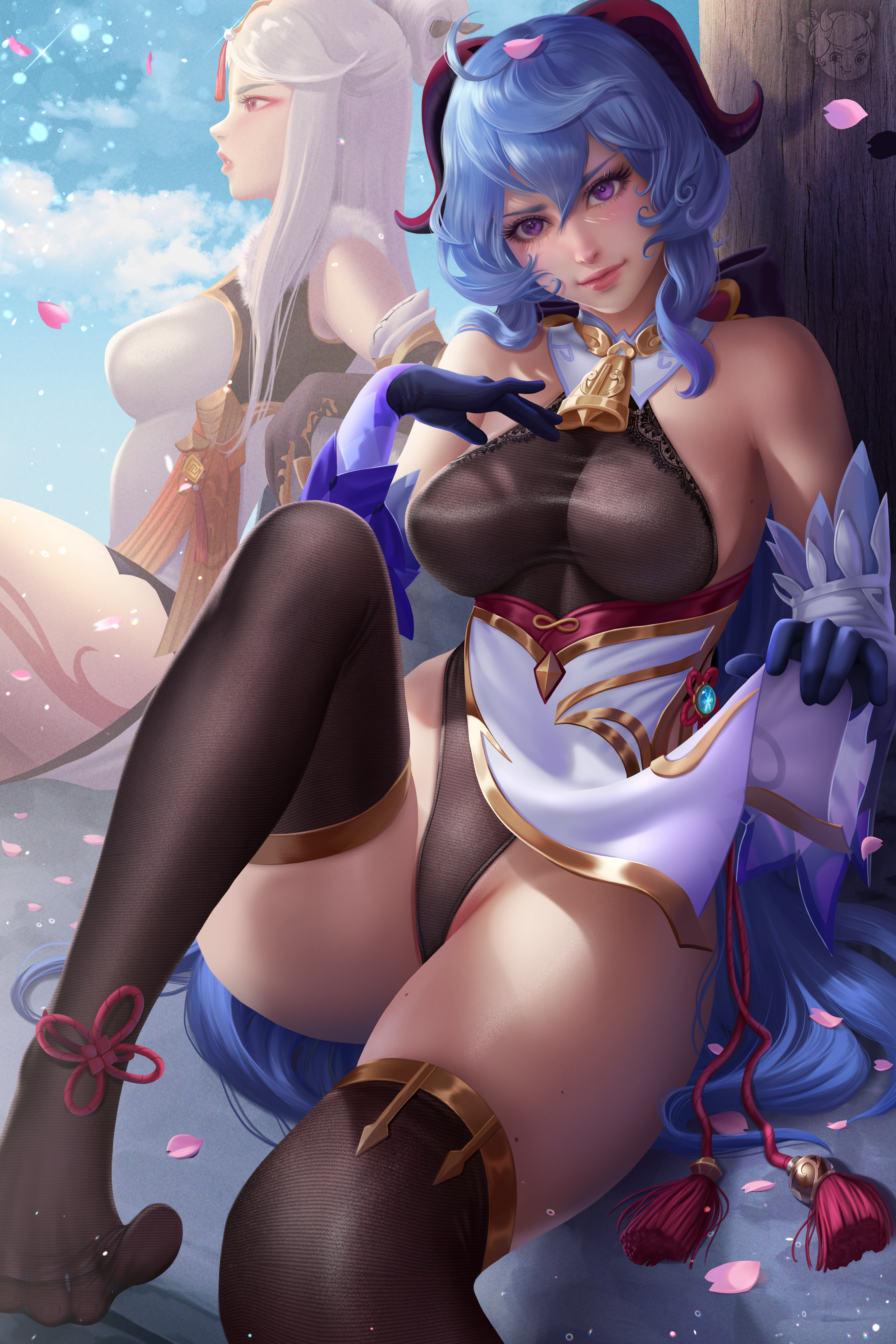 2girls, bare shoulders, bell, big breasts, blue hair, breasts, child bearing hips, chinese clothes, clothed, clothing, cute, cute face, detached sleeves, dress, dress lift, feet, female, female focus, female only, fully clothed, ganyu (genshin impact), genshin impact, hand on chest, hand on own chest, hips, horns, large breasts, legs, leotard, ningguang (genshin impact), orange eyes, prywinko, purple eyes, realistic, sitting, sleeves, stockings, tattoo, tattoo on thigh, thick thighs, thighs, tight clothing, tight leotard, white hair, wide hips