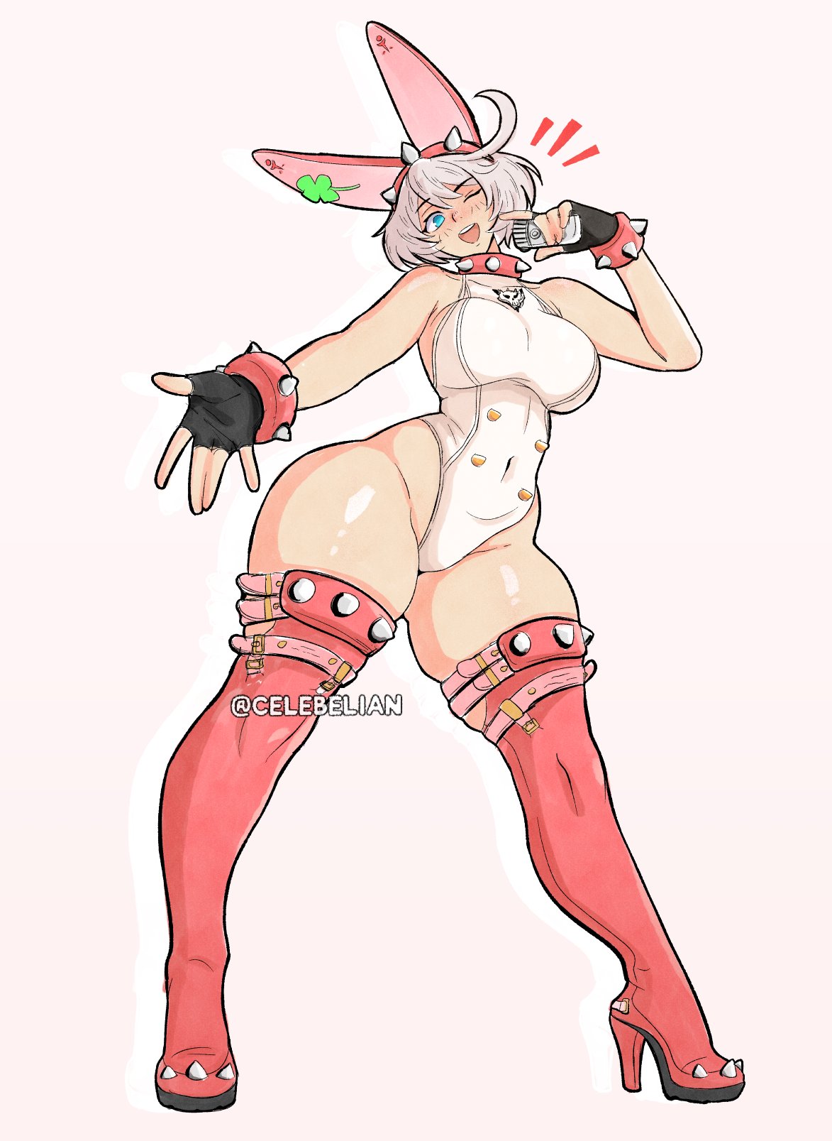 1girls, alternate costume, animal ears, bare shoulders, blue eyes, boots, breasts, celebelian, collar, elphelt valentine, fake animal ears, female, female only, full body, grey hair, guilty gear, guilty gear strive, hairband, high heel boots, high heels, highres, large breasts, leotard, one eye closed, pink collar, pink hairband, rabbit ears, short hair, simple background, solo, spiked collar, spiked hairband, spikes, thigh boots, thighs, white background, white leotard