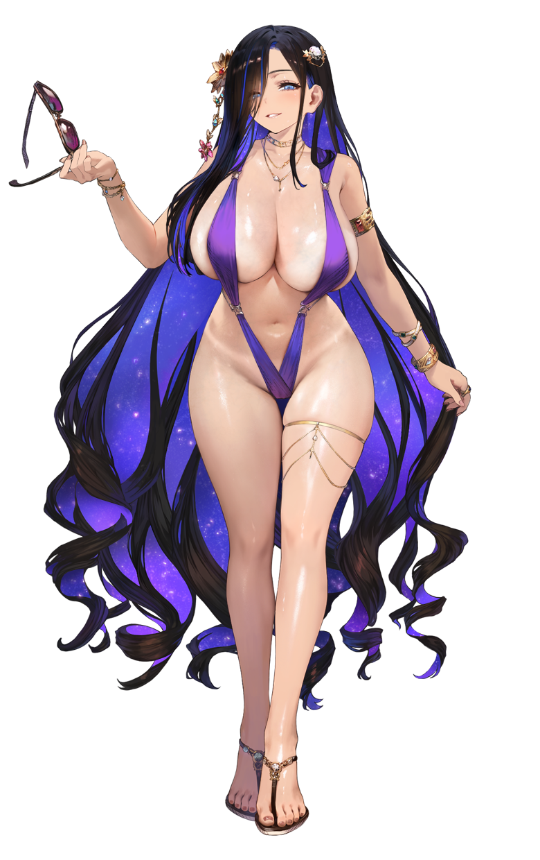 absurdly_long_hair anklet armlet bangle bare_shoulders black_background black_hair blue_eyes blue_hair blush bracelet breasts brown_dust_2 cg choker cleavage collarbone colored_inner_hair cup drinking_glass earrings eclipse_(brown_dust_2) feet female full_body groin hair_flower hair_ornament hair_over_one_eye high_heels holding huge_breasts jewelry large_breasts legs long_hair looking_at_viewer mole multicolored_hair nail_polish navel necklace o-ring official_art one-piece_swimsuit parted_lips purple_nails revealing_clothes ring sandals shiny_skin slingshot_swimsuit smile solo standing swimsuit tan thigh_strap thighlet thighs toenail_polish toenails toes transparent_background tray two-tone_hair very_long_hair