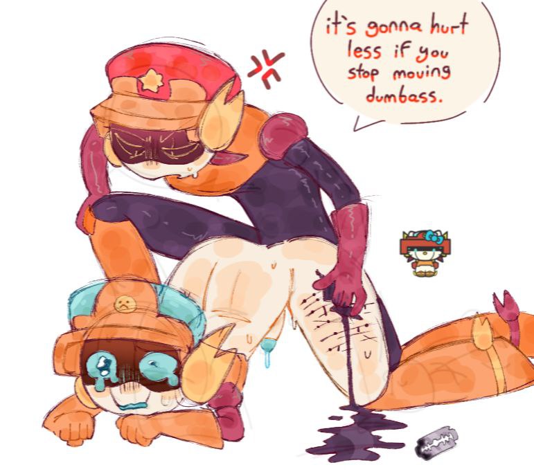 2boys, bleeding, brawl stars, brother, brothers (lore), crying, cutting, english text, gay, gay incest, gay sex, incest, larry (brawl stars), lawrie (brawl stars), male, male only, male/male, noncon, nonconsensual, rape, raped, razor, speech bubble, tears of pain, text, unusual blood