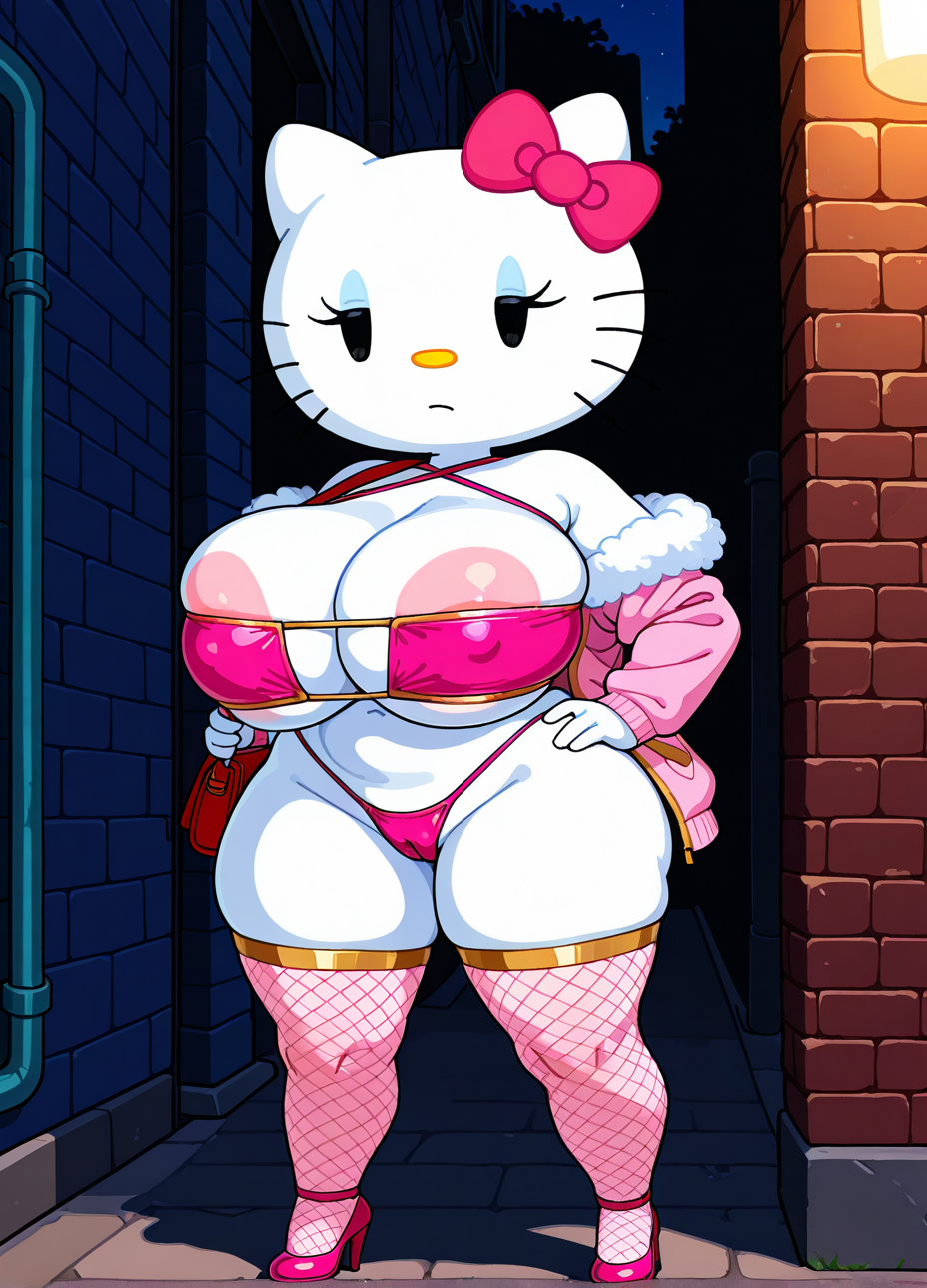 ai_generated bikini cameltoe female fishnet_thighhighs hello_kitty hello_kitty_(character) hello_kitty_(series) high_heels huge_breasts lustre open_jacket outdoors prostitute prostitution sanrio self_upload standing