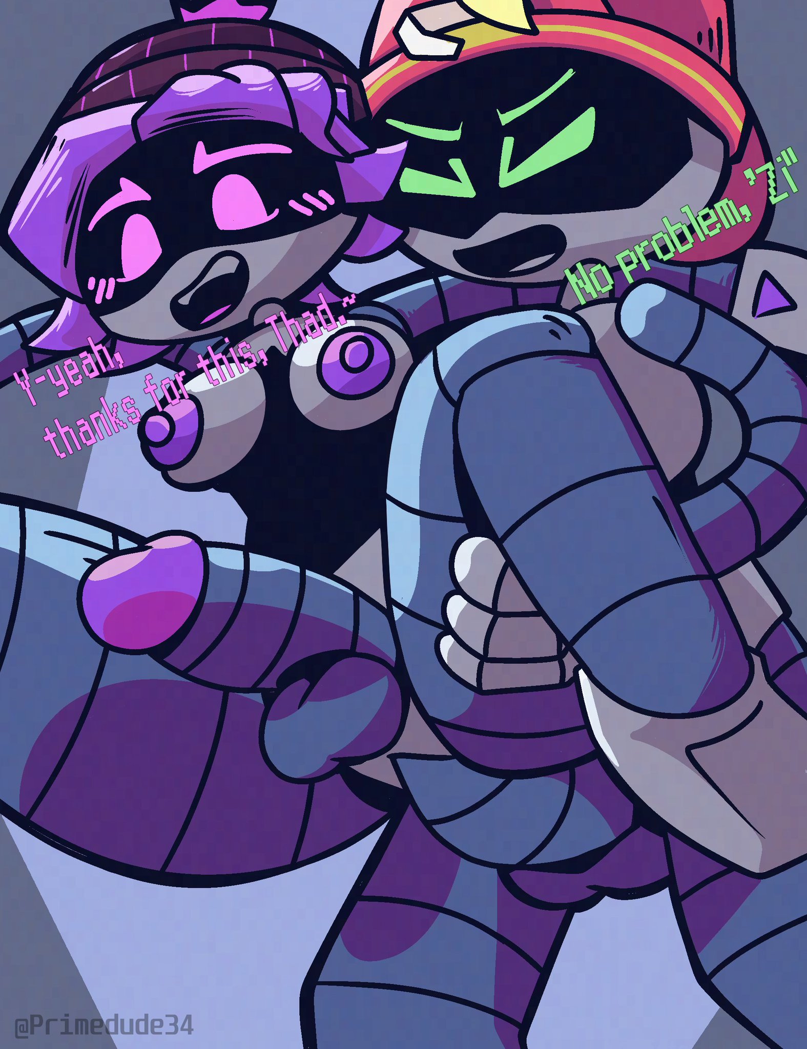 anal, anal sex, balls, ballsack, blonde hair, blush, blush lines, blushing, blushing female, carrying partner, female, futanari, glans, green eyes, intersex, male, male on futa, murder drones, penis, primedude34, purple eyes, purple glans, purple hair, purple nipples, robot, testicles, thad (murder drones), uzi (murder drones)
