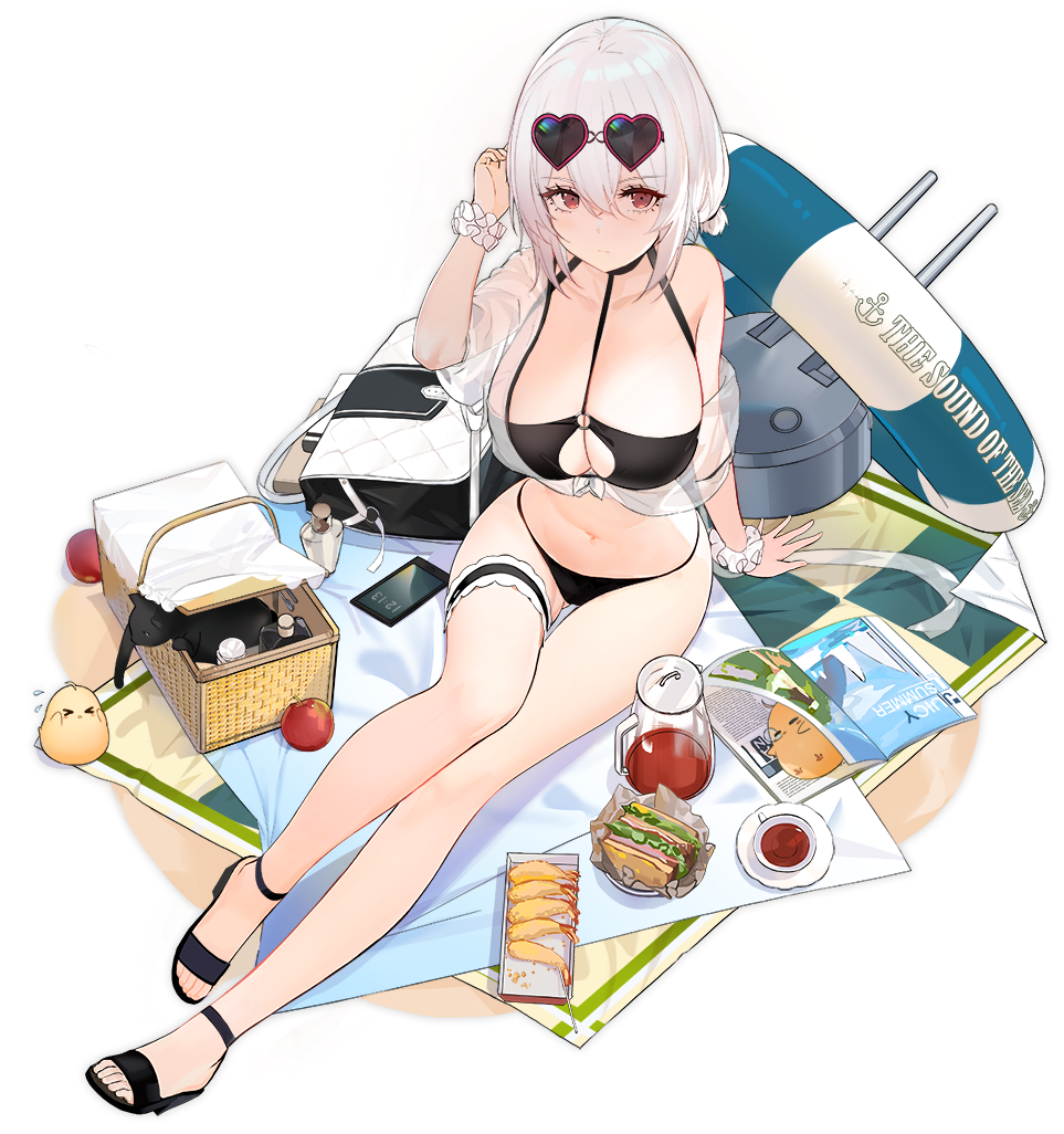 apple arm_support arm_up azur_lane bag bare_shoulders beach_mat bikini bird black_background black_bikini black_footwear blush book breasts cellphone cg chick choker cleavage closed_mouth collarbone cup eyewear_on_head female food fruit full_body hair_between_eyes hand_up handbag heart heart-shaped_eyewear innertube large_breasts looking_at_viewer magazine_(object) manjuu_(azur_lane) navel o-ring o-ring_bikini o-ring_top official_alternate_costume official_art phone picnic_basket red_eyes sandals sandwich scrunchie see-through short_hair shoulder_bag sirius_(azur_lane) sirius_(scorching-hot_seirios)_(azur_lane) sitting smartphone solo stomach sunglasses swim_ring swimsuit teacup thigh_strap thighs transparent_background turret white_hair white_scrunchie wrist_scrunchie