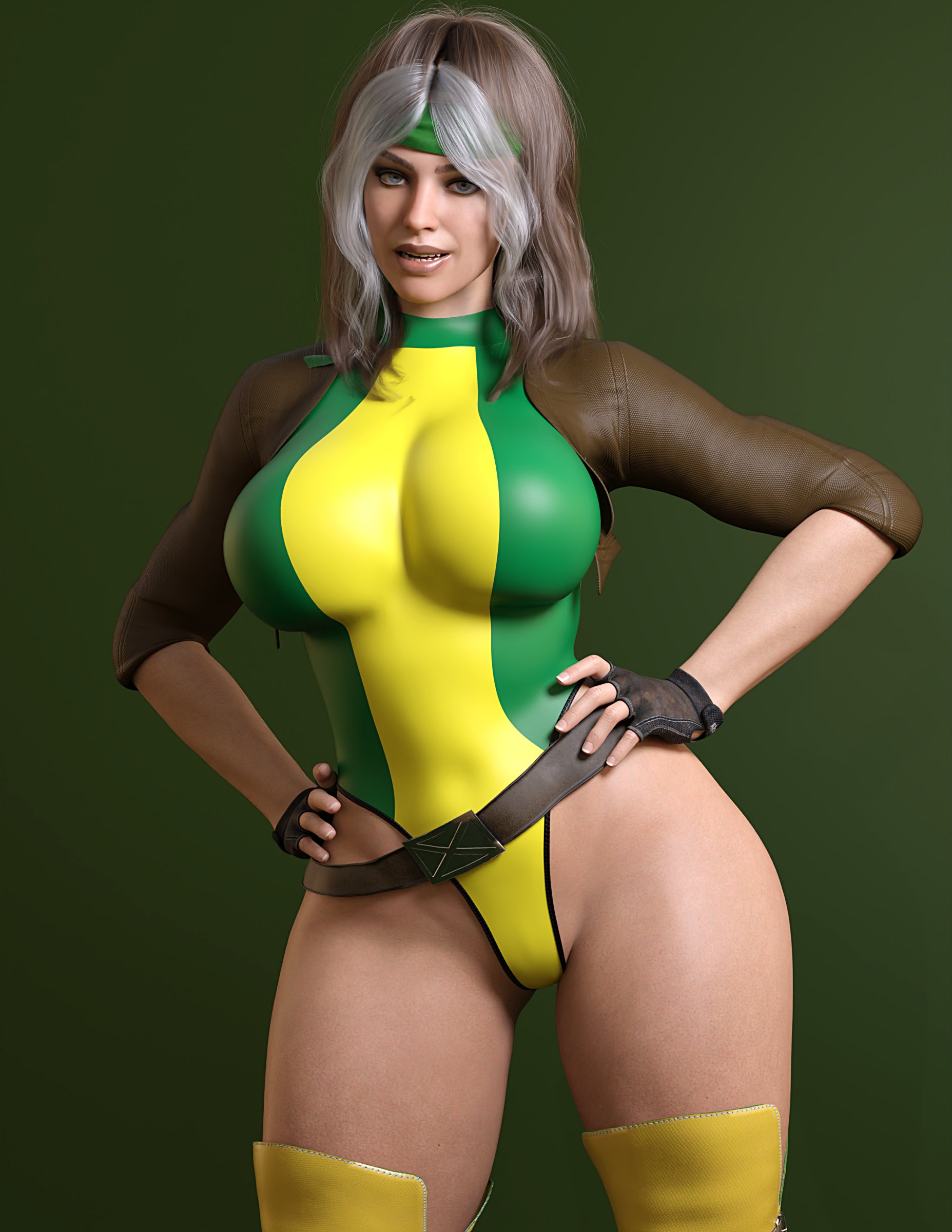 1girls, 3d, anna marie, belt, blue eyes, breasts, brown hair, female, female only, fingerless gloves, hairband, hands on hips, large breasts, leotard, long hair, looking at viewer, marvel, marvel comics, plain background, rogue (x-men), rude frog, skin tight, smile, solo, superheroine, thick, thick eyebrows, thick thighs, two-tone hair, white hair, x-men