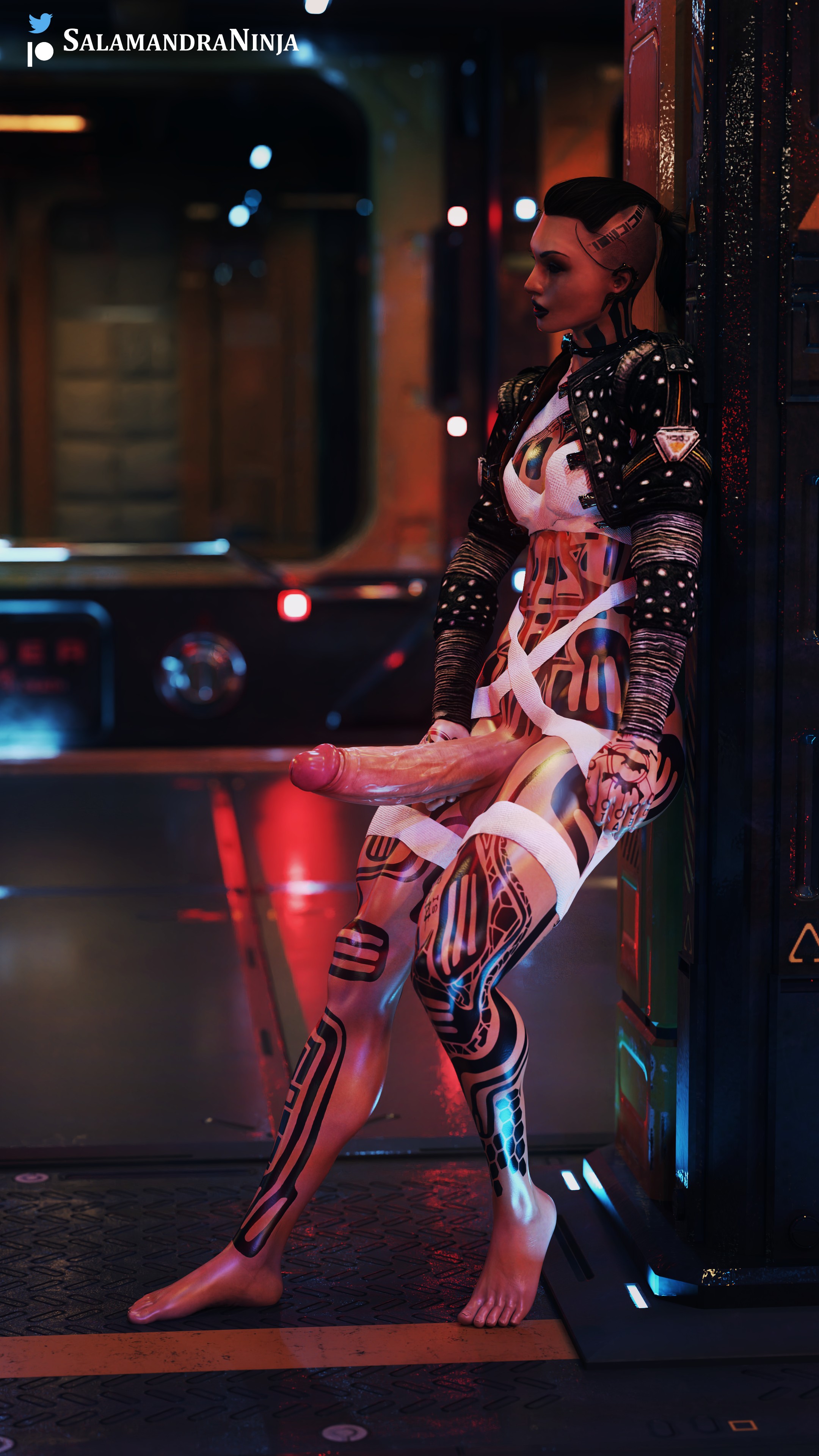 1futa, 3d, big penis, clothed, clothing, erection, feet, female, full body, futa only, futanari, huge cock, human, intersex, jack (mass effect), leaning against wall, light skin, mass effect, mostly nude, pale skin, penis, salamandraninja, solo, solo futa, standing