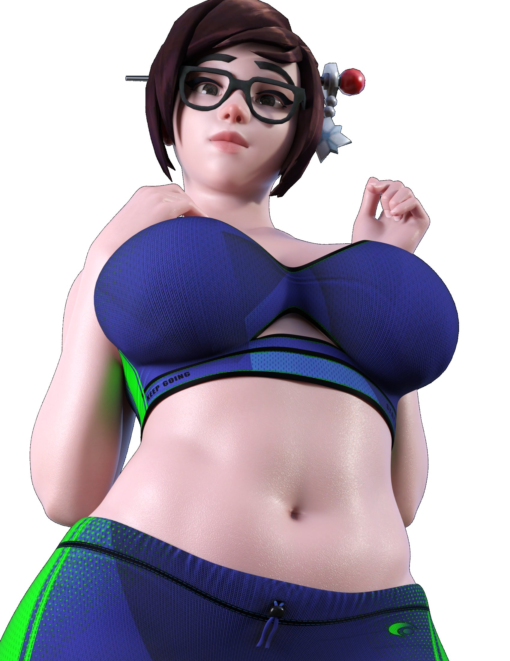 1girls, 3d, breasts, brown eyes, brown hair, female, female only, glasses, large breasts, mei (overwatch), navel, overwatch, rude frog, solo, sports bra, sportswear, thick, thick eyebrows, tied hair, white background