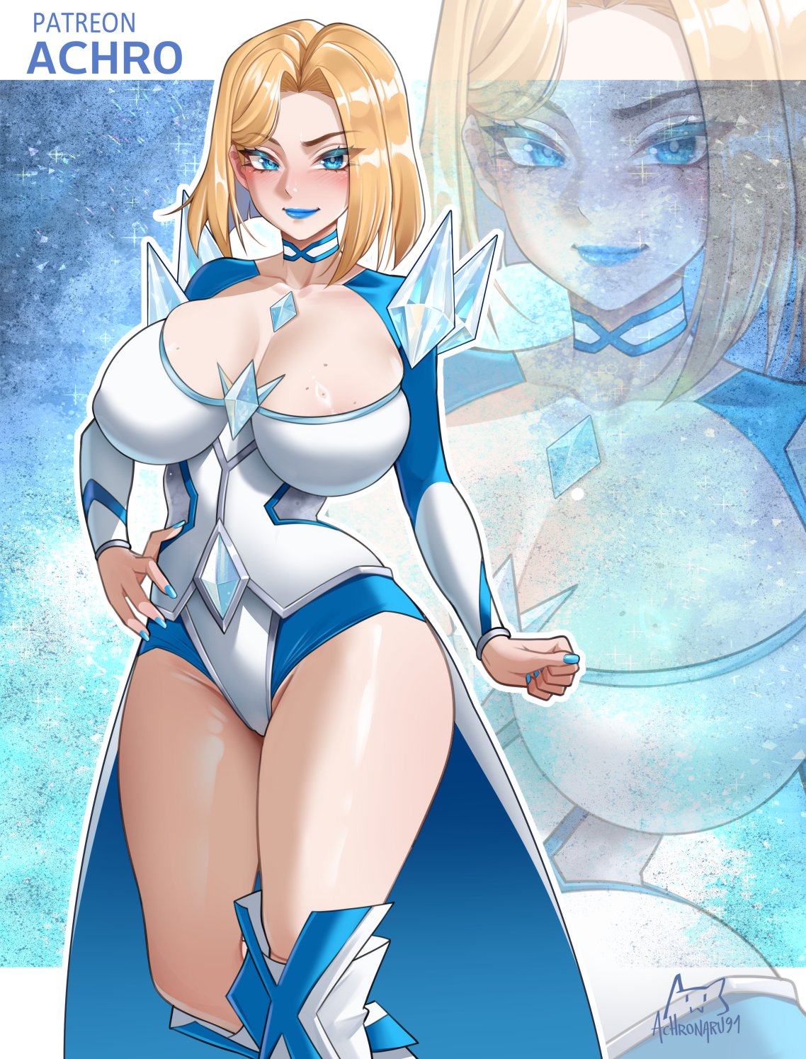 achromaru, bad tag, big breasts, blonde eyebrows, blonde female, blonde hair, blue eyelashes, blue eyes, blue lips, blue lipstick, blue nails, blush, bob cut, breasts, choker, cleavage, closed mouth, closed mouth smile, collarbone, corset, diamond (gemstone), diamond earrings, earrings, emma frost, emma frost (marvel rivals), eyebrows, eyelashes, female, female only, hair behind ear, highres, jewelry, large breasts, leotard, light skin, light-skinned female, lipstick, looking at viewer, makeup, marvel, marvel comics, marvel rivals, medium hair, multicolored leotard, no bra, pale skin, pale-skinned female, short hair, smile, smiling, smiling at viewer, solo, superhero costume, thick thighs, thighs, white corset, x-men
