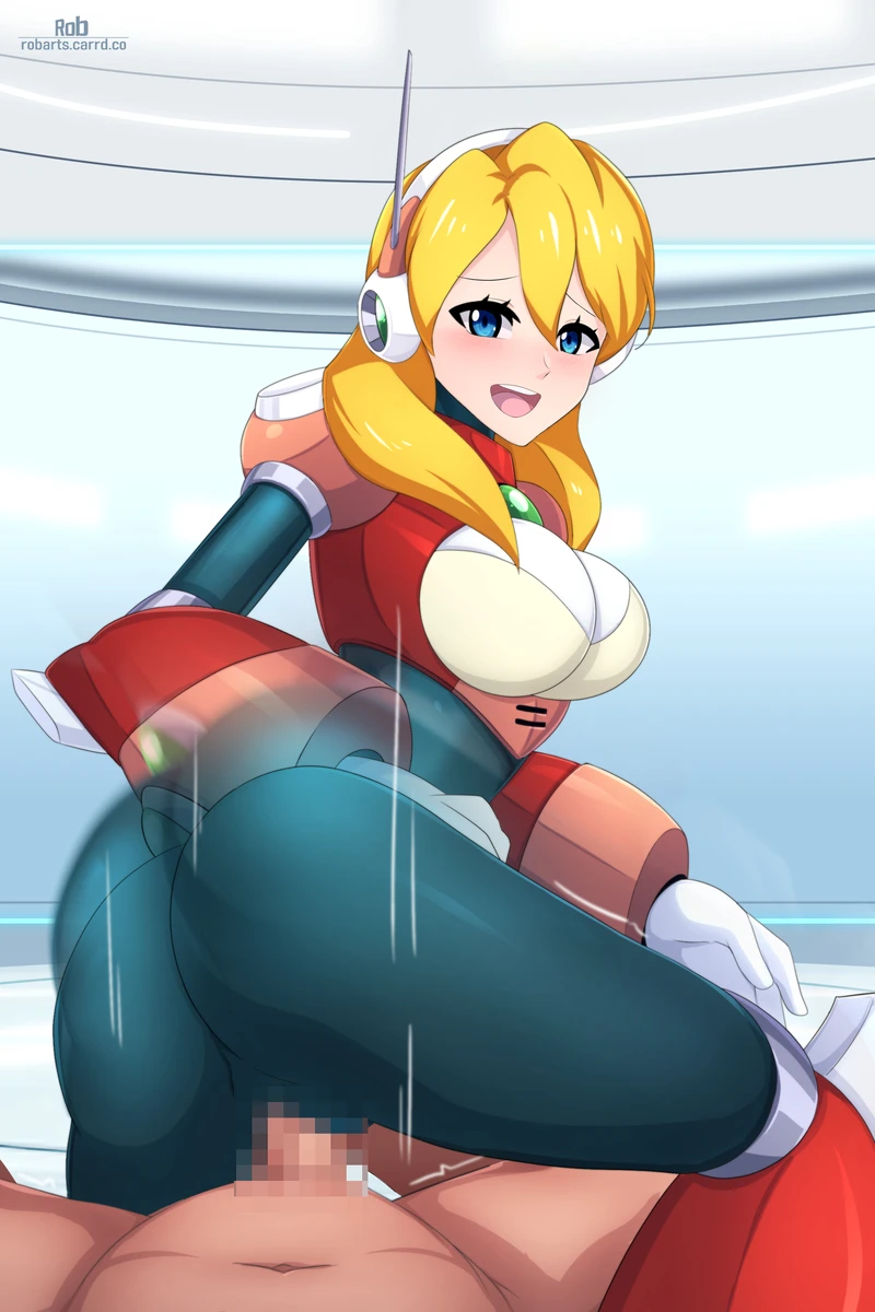 1boy 1girls alia ass big_ass big_breasts black_bodysuit blonde_hair blue_eyes blush bodysuit breasts censored_penis clothing clothing_sex female long_hair male mega_man mega_man_x open_mouth penis penis_in_pussy pussy reploid reverse_cowgirl_position robarts_hallway robot_girl sex white_gloves