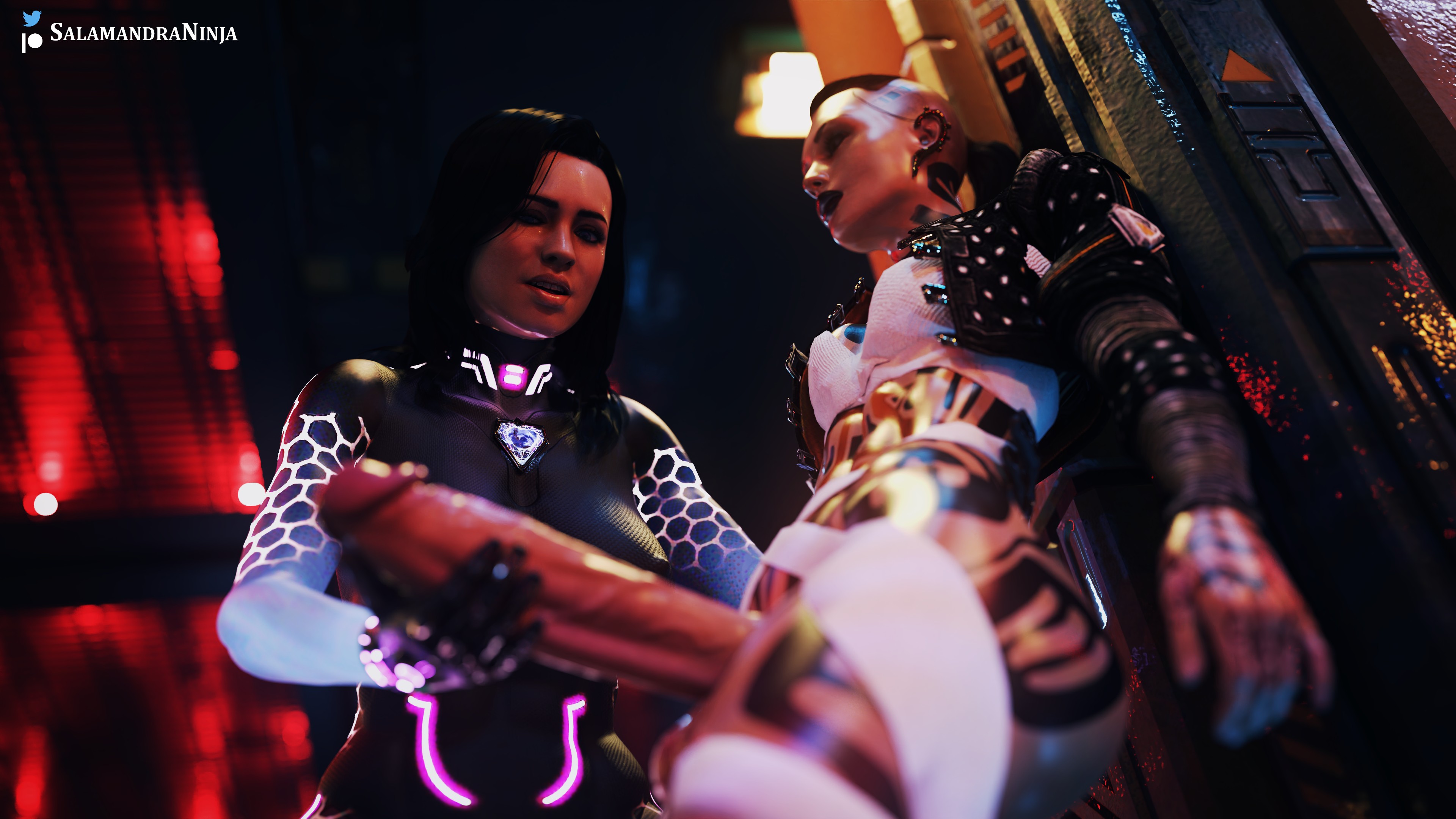 1futa, 1girls, 3d, balls, big breasts, big penis, bodysuit, breasts, clothed, clothing, duo, erection, female, fully clothed, futa on female, futanari, handjob, huge cock, human, intersex, jack (mass effect), leaning against wall, light skin, light-skinned female, light-skinned futa, low-angle view, mass effect, miranda lawson, mostly nude, pale skin, penis, penis awe, salamandraninja, standing, tattoo