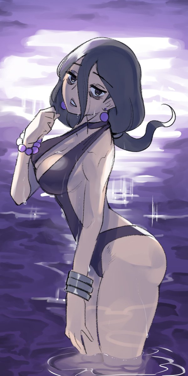 1girls, alternate costume, ass, bags under eyes, black eyes, black hair, breasts, cleavage, commentary, earrings, english commentary, female, female only, game freak, hair between eyes, hex maniac, hex maniac (pokemon legends: z-a), highres, jewelry, large breasts, long hair, looking at viewer, nintendo, partially submerged, pokemon, pokemon legends: z-a, purple theme, solo, swimsuit, wanderjegson, water, wet