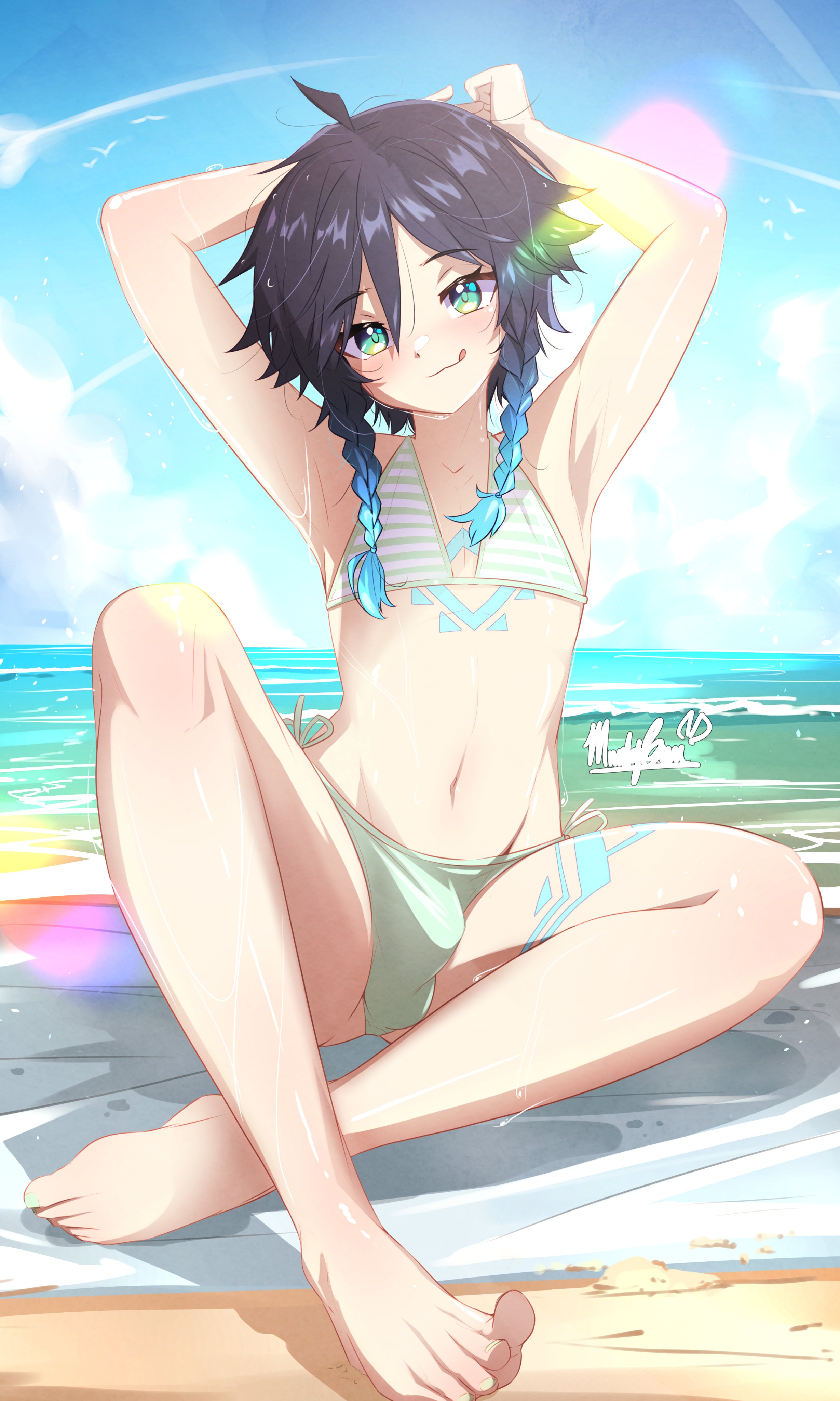 1boy, armpits, arms behind head, arms up, beach, bikini, bikini bottom, bikini top, black hair, blue highlights, bottomwear, bulge, bulge through clothing, crossdressing, erection under clothes, feet, femboy, femboy only, genshin impact, girly, green bikini bottom, green eyes, hair, male, male only, marky evan, solo, solo femboy, solo male, striped bikini top, swimwear, thighs, toenail polish, tongue, tongue out, topwear, trap, venti (genshin impact), wet, wet body
