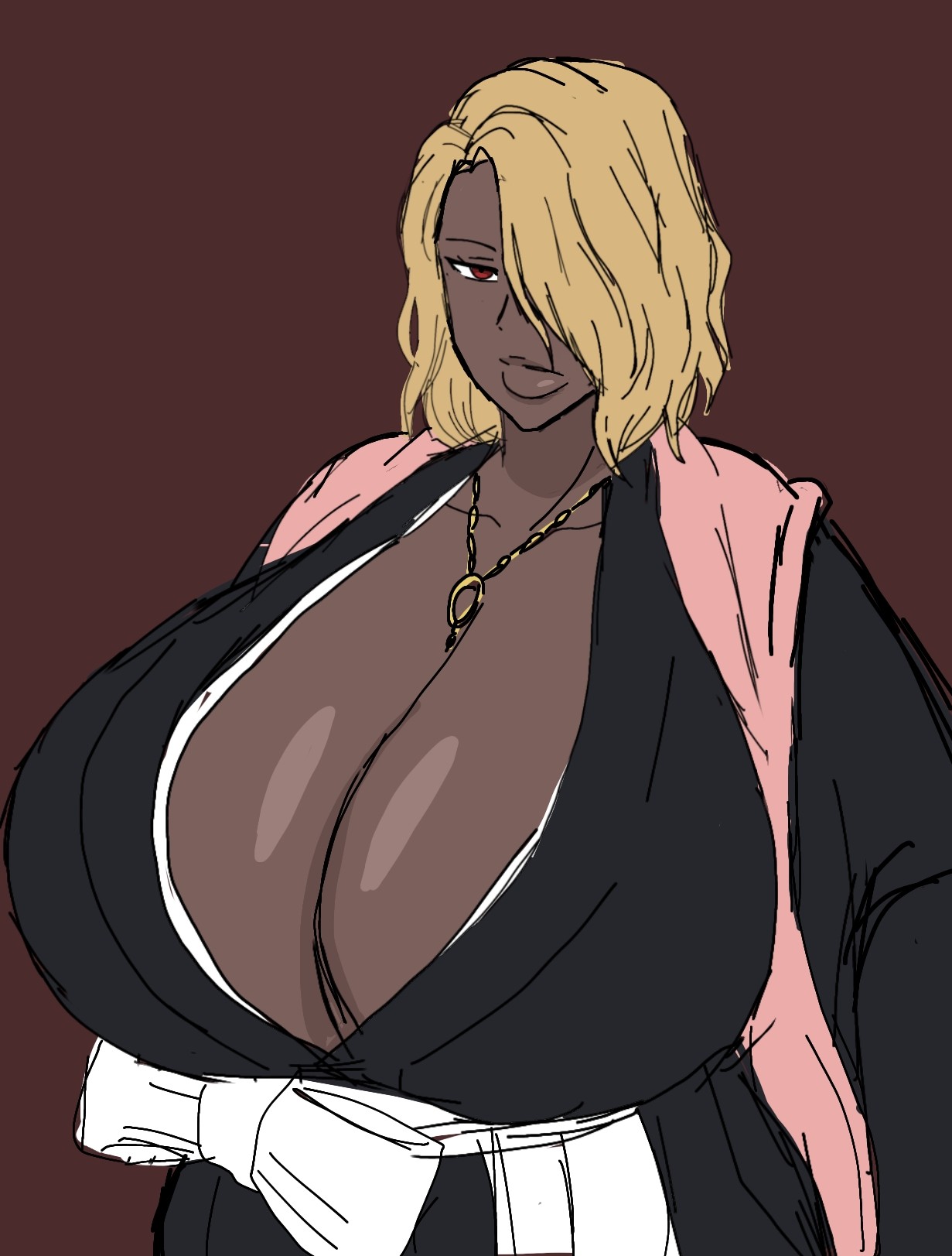 1girls, 2d, 2d (artwork), 2d artwork, alternate body type, alternate breast size, big breasts, black robe, bleach, bleach: the thousand-year blood war, blonde hair, breasts, breasts bigger than head, busty, busty female, chain, chain necklace, curvy, curvy body, curvy female, curvy figure, dark background, dark skin, dark skinned female, dark-skinned female, digital drawing (artwork), digital media (artwork), enormous breasts, female, female focus, female only, huge breasts, japanese, japanese clothes, japanese female, kissable lips, large breasts, lips, matsumoto rangiku, mature, mature woman, momiji (artist), mommy milkers, necklace, pink scarf, race swap, red eyes, red eyes female, robe, scarf, serious, serious face, serious look, shiny breasts, short hair, short hair female, simple background, solo, solo female, solo focus, upper body, zombie, zombie girl