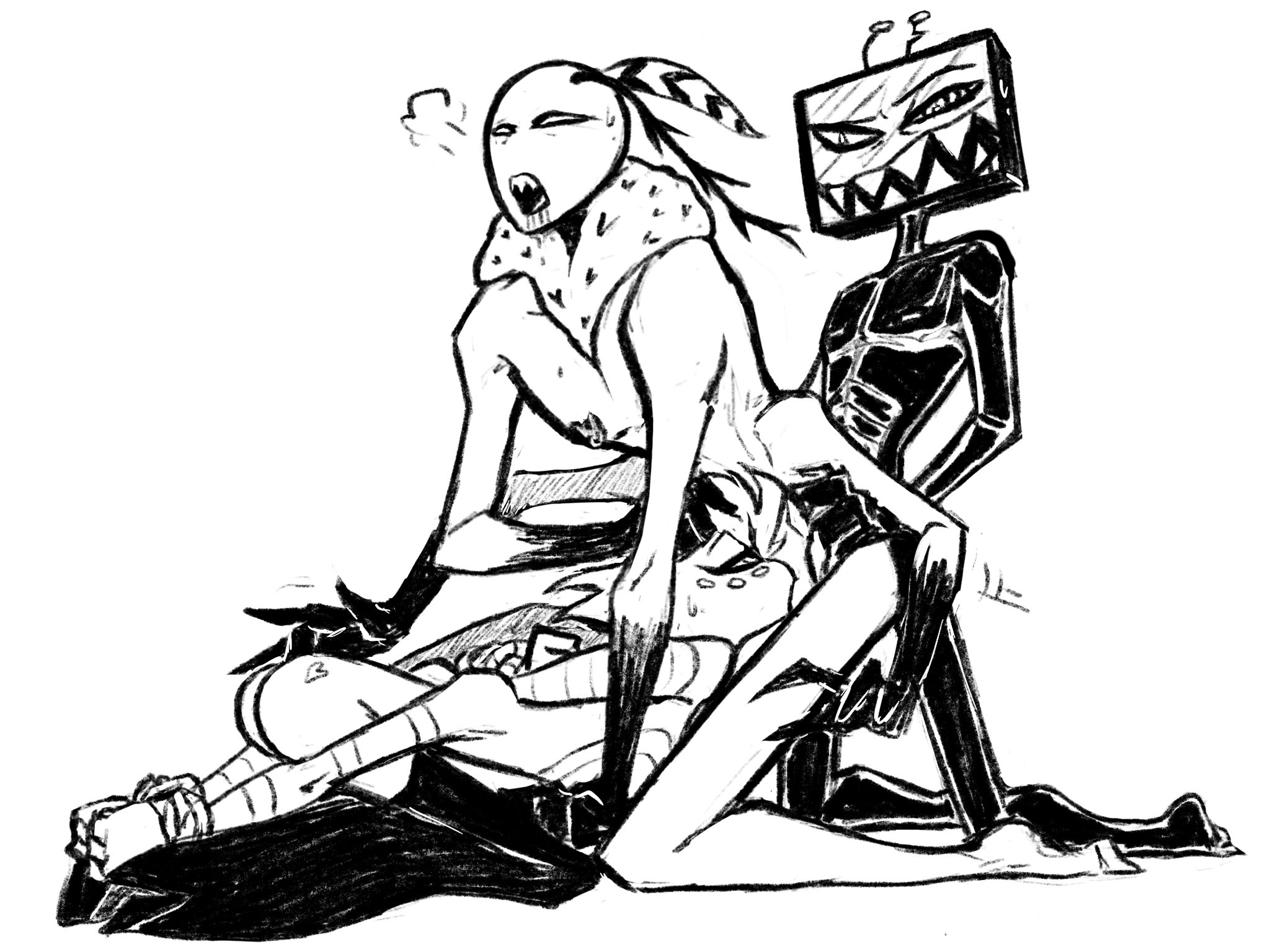 3boys, anal, anal sex, angel dust (hazbin hotel), arachnid, artist request, ass, black and white, blowjob, chest tuft, deepthroat, demon, fellatio, from behind, hand on ass, hands on hips, hazbin hotel, leaning forward, looking pleasured, male, male only, male/male, moth, naked, nude, on knees, oral, oral sex, rope, sharp teeth, spider, television, thick thighs, thighhighs, thighs, threesome, tied up, tv, valentino (hazbin hotel), vox (hazbin hotel)